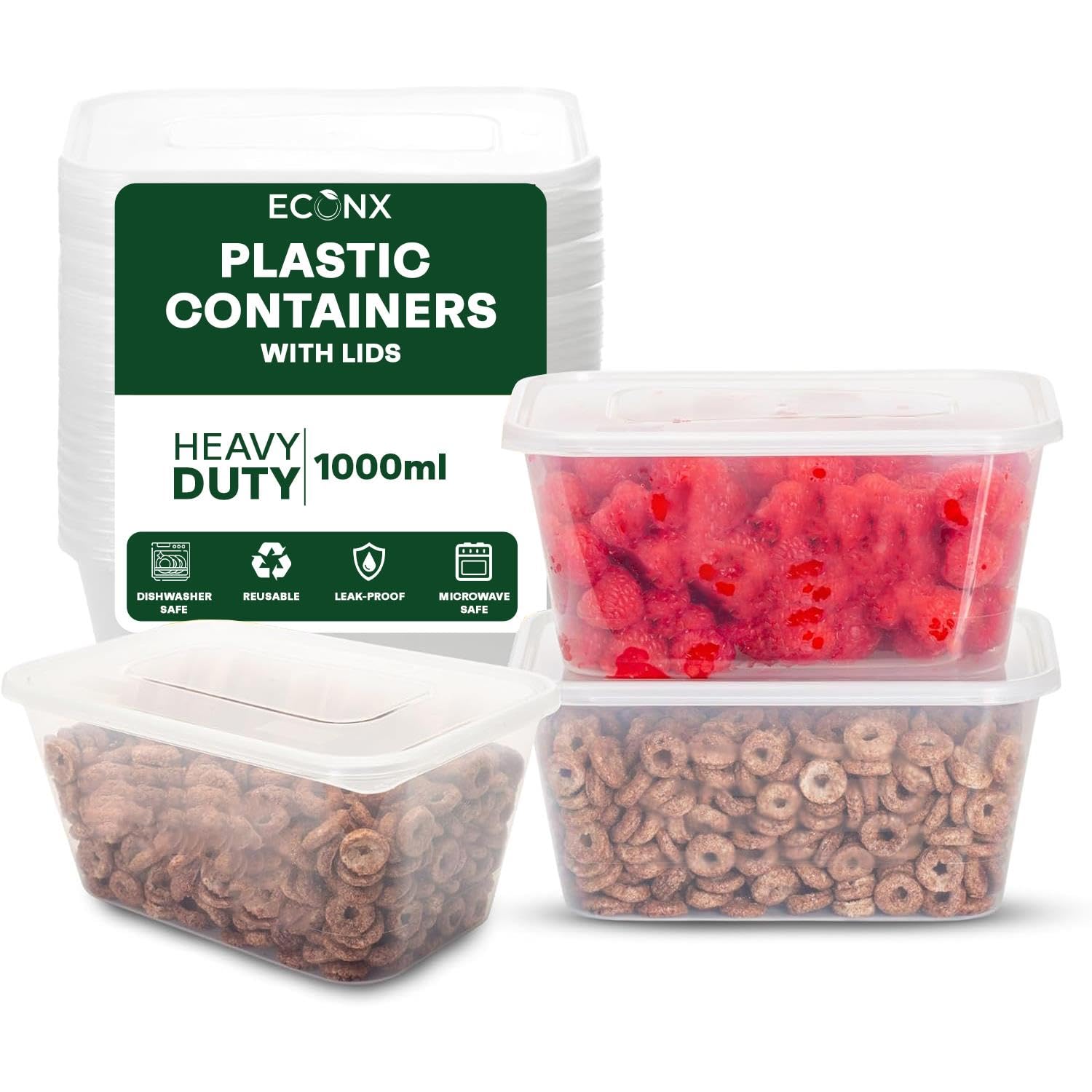 Econx Clear 200 X 1000Ml Plastic Food Containers With Airtight Lids - Microwaveable Food Containers - Reusable Meal Prep Boxes - Microwave-Safe And Freezer-Friendly Ideal For Takeaways & Restaurants