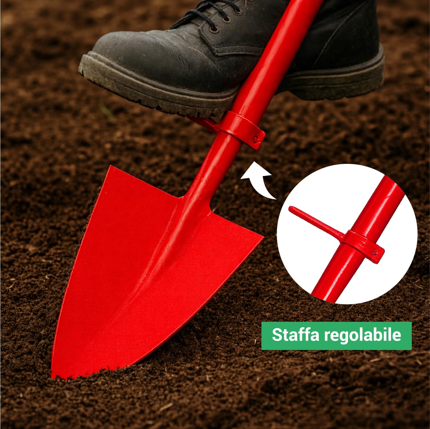 Crisalide Pala Roma con punta de acero forjado – con mango y soporte ajustable, ideal para huerto y jardín – Herramienta de excavación robusta para trabajos de tierra