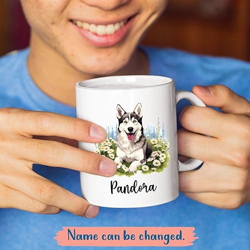 Miniatura 2 de Taza de café personalizada para perros con flores, taza personalizada de Husky siberiano con nombre, regalos para mascotas para amantes de los