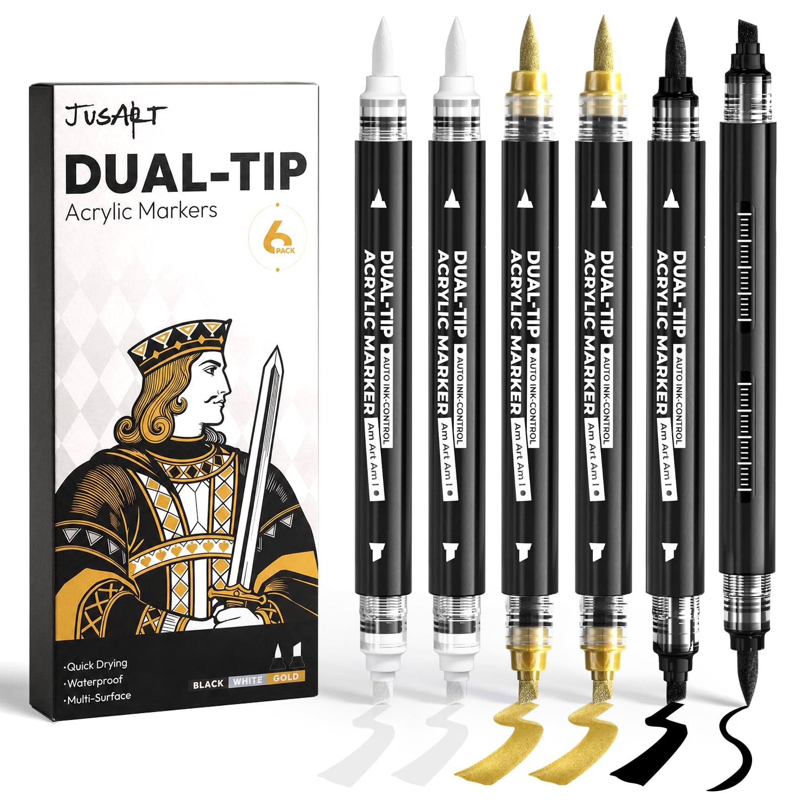 6 Black &amp; White &amp; Gold Acrylic Paint Markers, Dual Tip Markers