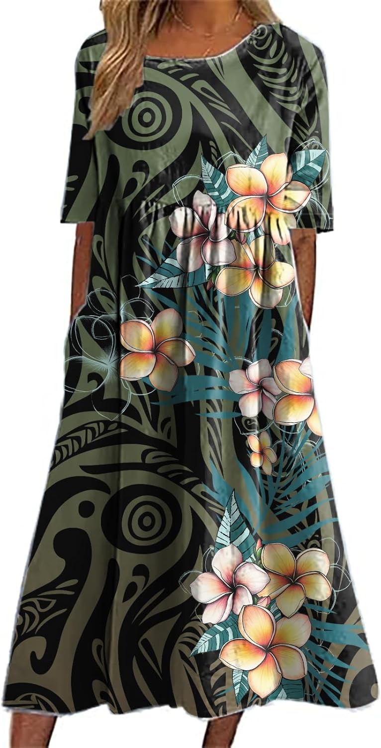 Boho Dresses for Women 2025 Floral Hawaiian Casual Summer Empire Waist Short Sleeve Crewneck A Line Maxi Dress
