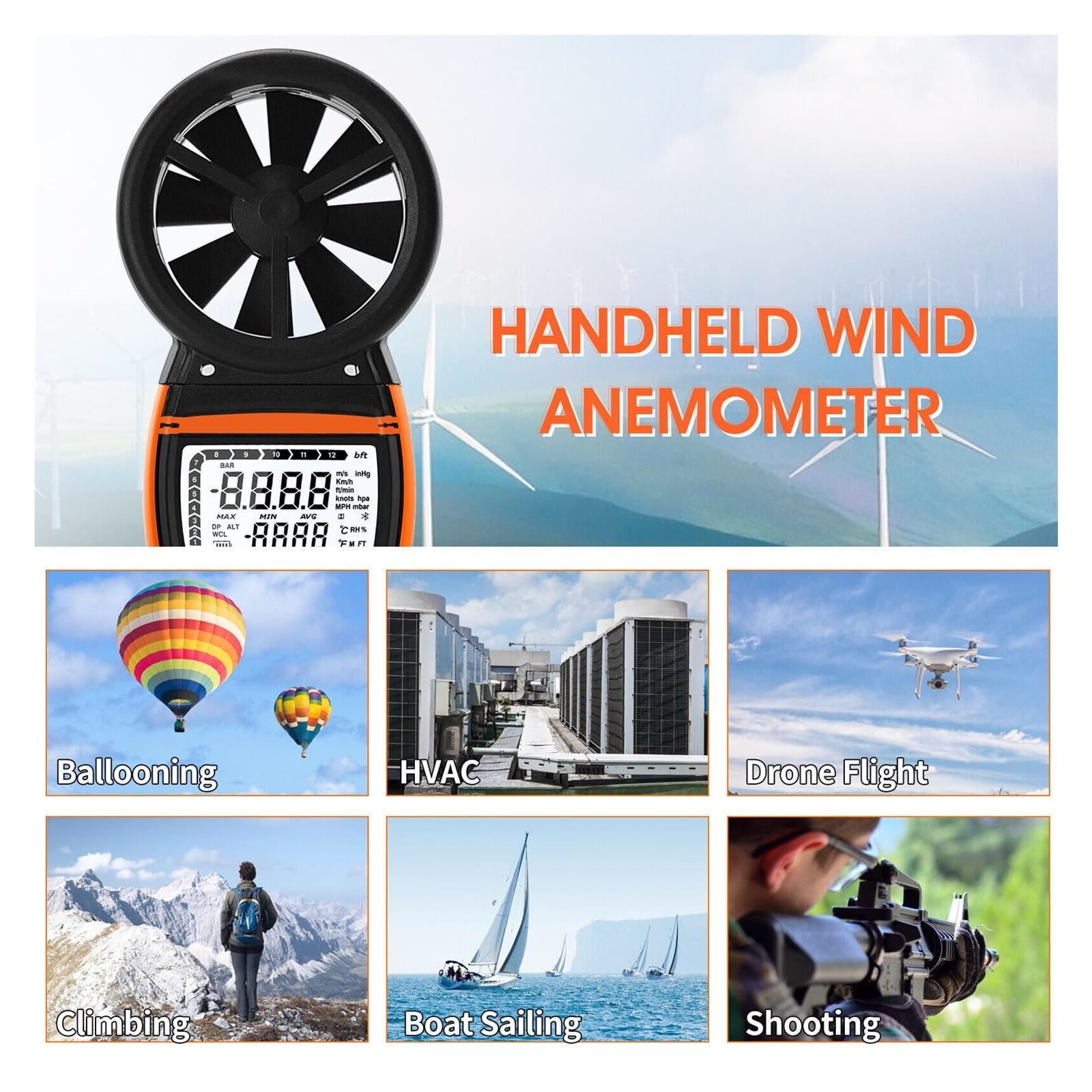 Anemómetro anemómetro, alta precisión, tacómetro profesional, RPM Digital, medidor de velocidad del aire, recargable