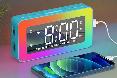 Reloj despertador con luz nocturna RGB para niños, adolescentes, adultos, reloj de espejo con doble alarma, repetición, pantalla LED, cargador USB,