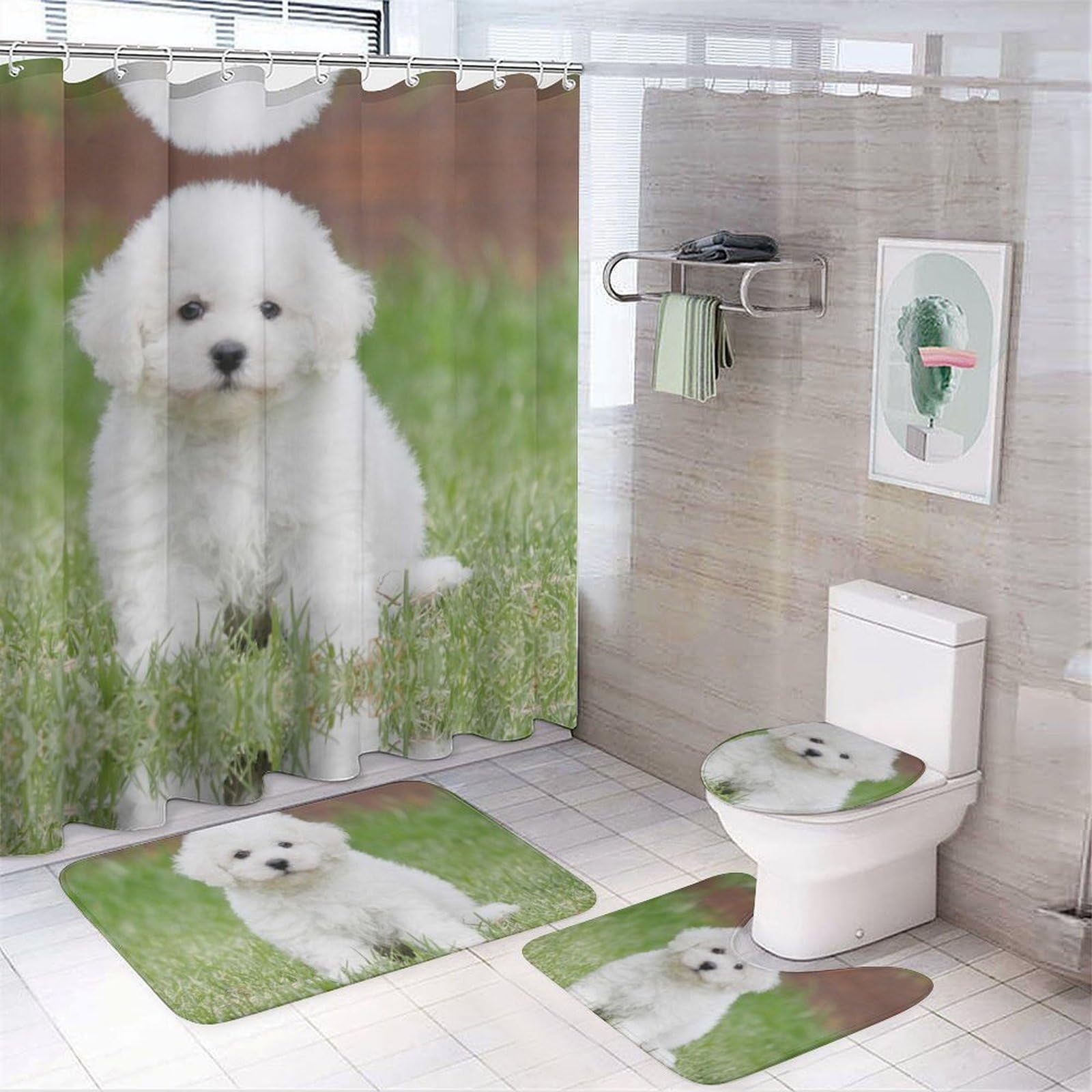 Wlntrophic Bathroom Mat Set 4 Piece, Bichon Frise Dog Shower Curtain with Non-Slip Bath Mats for Bathroom