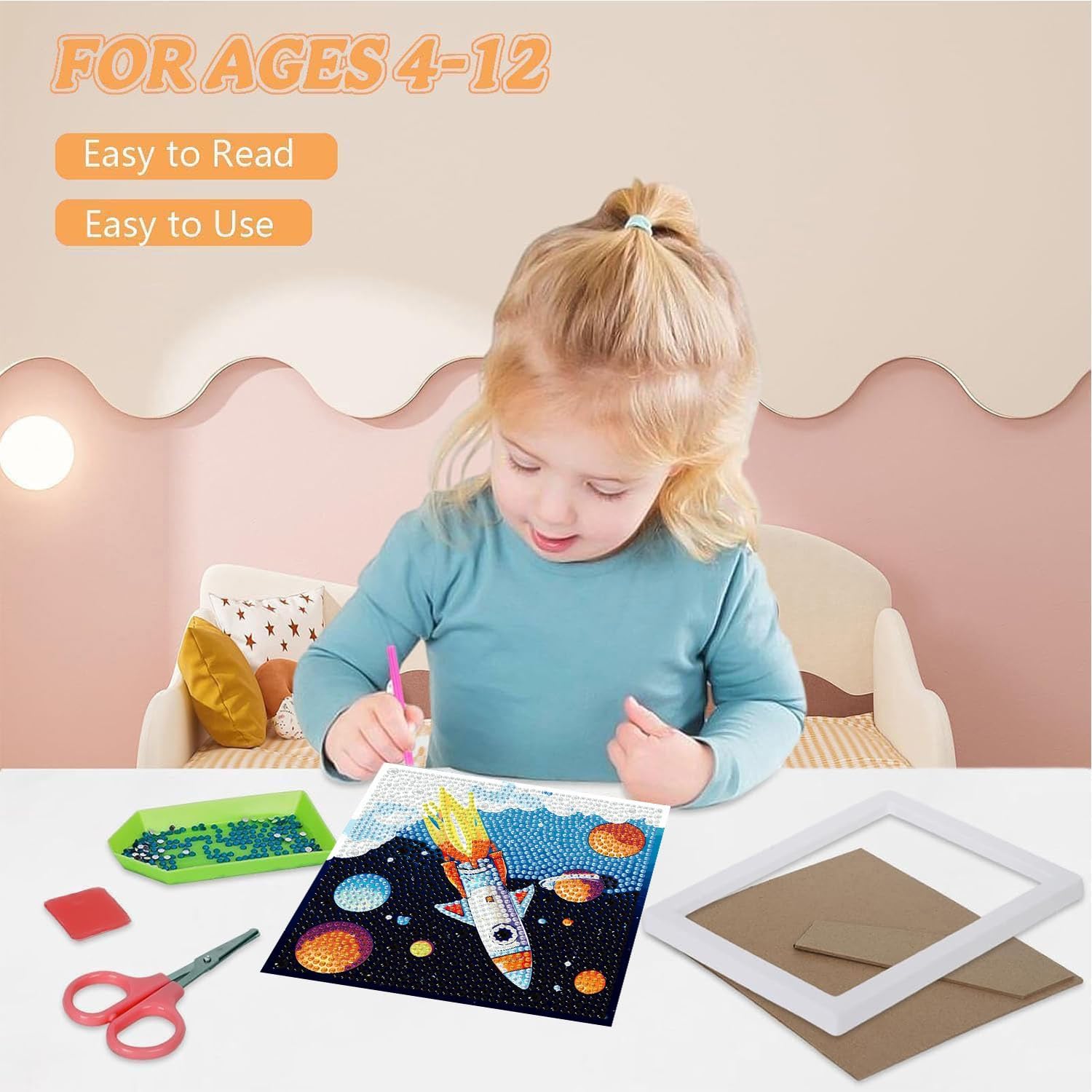 cviokrdu Space Diamond Art Kits for Kids with Frame - Diamond Art for Kids Ages 4 8 12, Cute Gem Painting Kit for Gift Home Wall Decoration (7x7inch)