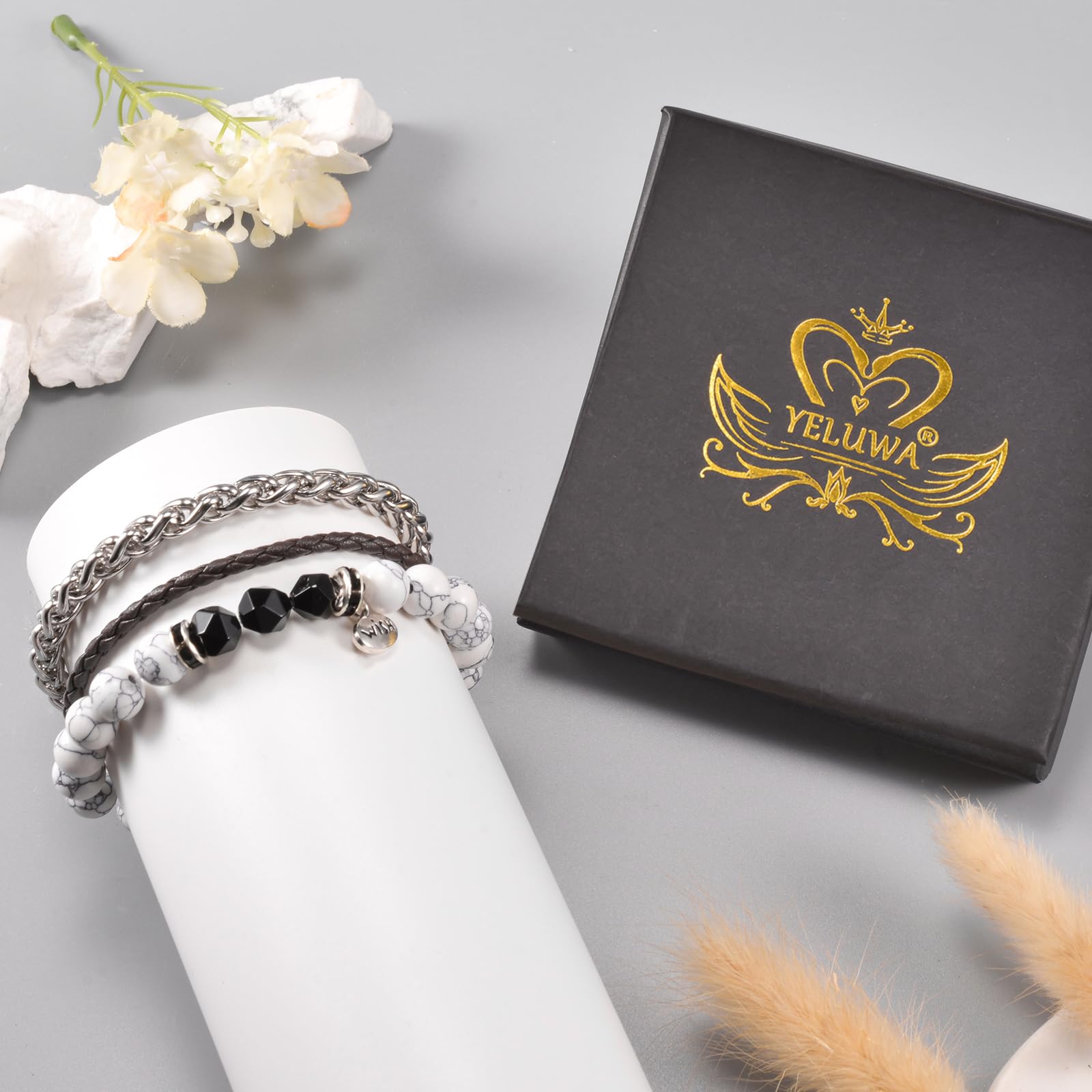 YELUWA 3 PCS Bracciali Di Pietra Bianco Turchese Africana per Uomo Con 3 Bracciale Di Ossidiana Nera in Titanio E Corda Vintage Intrecciata Mano Regali Compleanno per Ragazzi Fidanzati Moda Bracciale