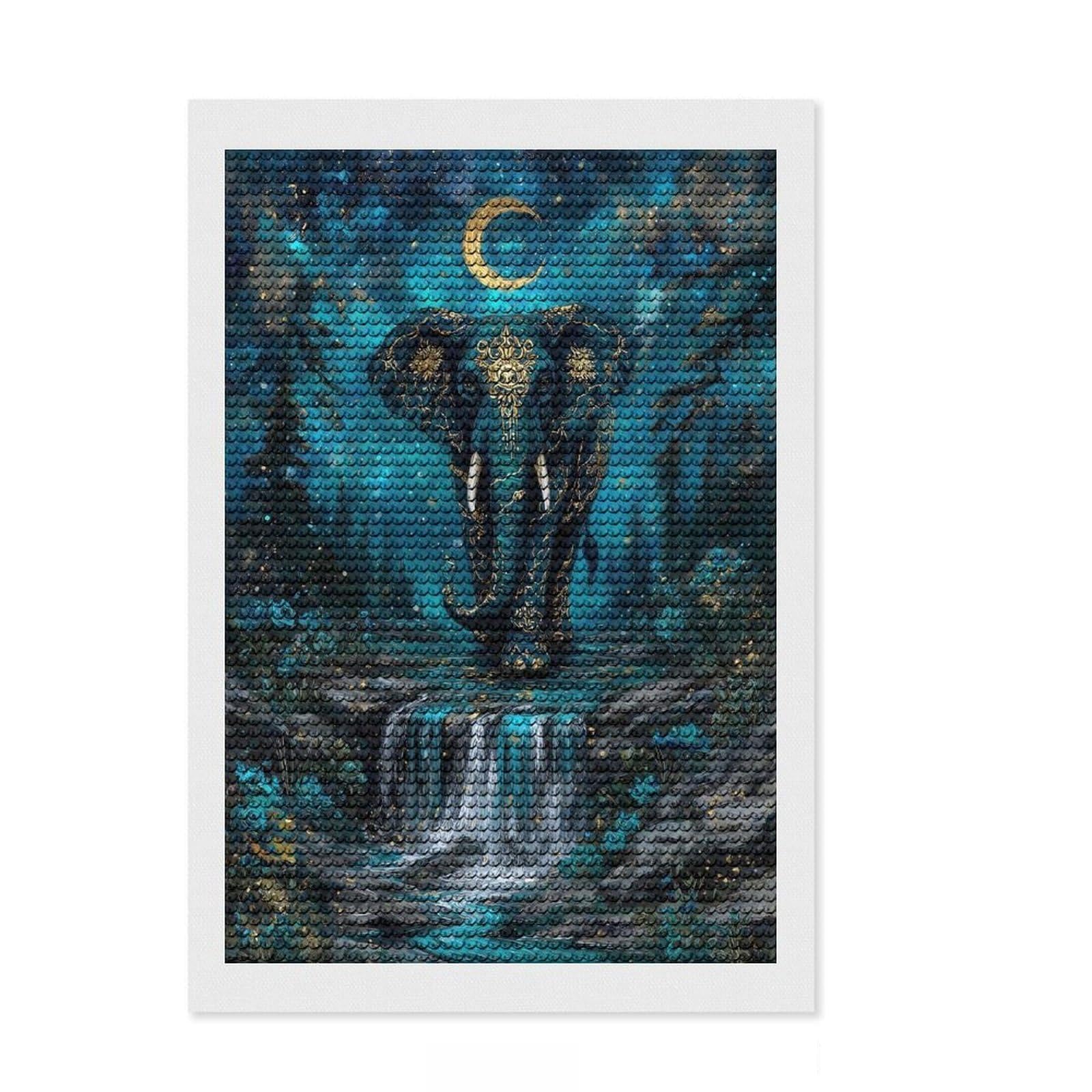 Junmoney Elephant in Teal Forest with Moon Diamond Painting Canvas Set 8"x12", Neat Printed Canvas, Creative Leisure Activity, Cosy Home Accent