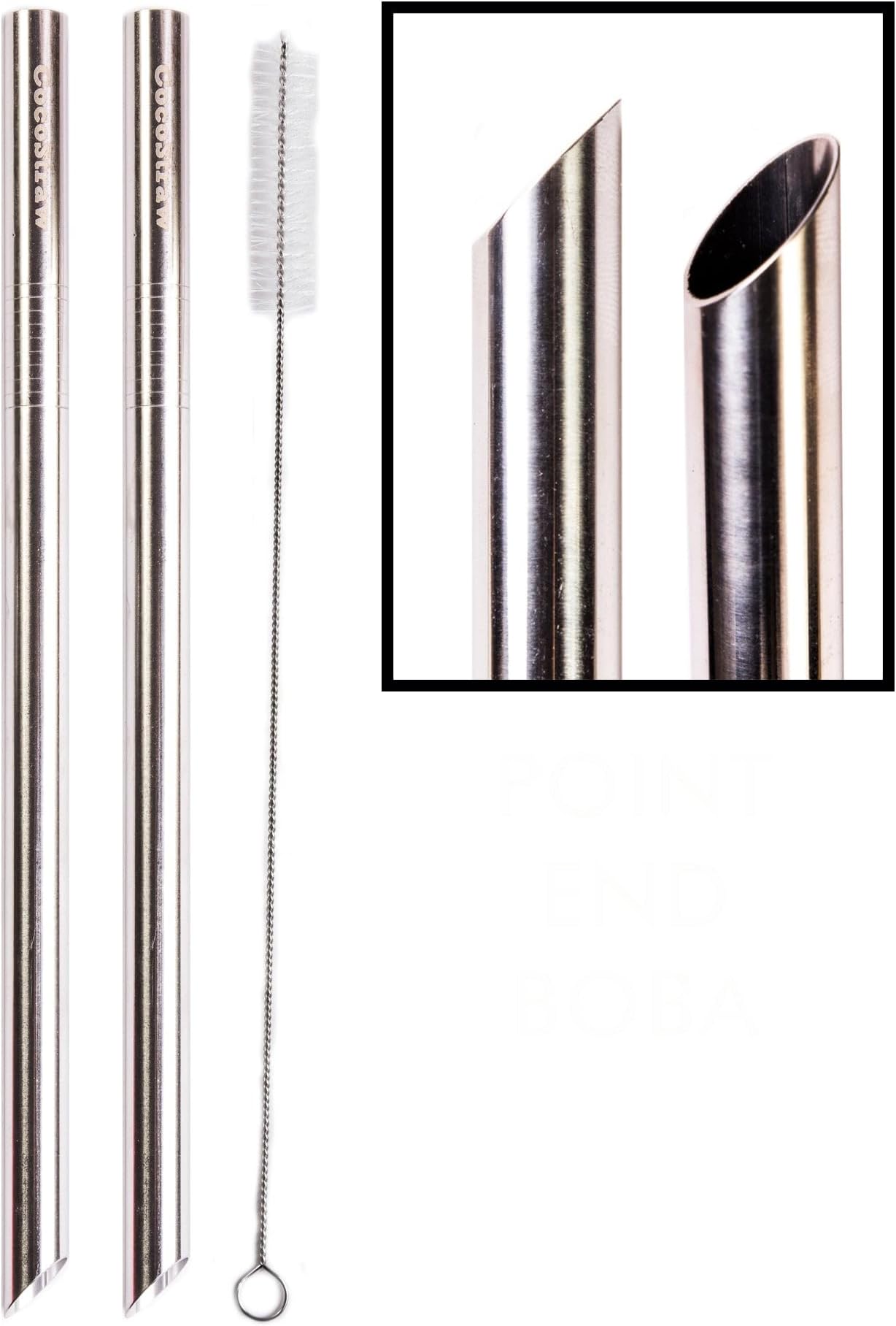 2 Point End BOBA Straw Stainless Steel Extra Wide 1/2" x 9.5" Long Tapioca Pearl Bubble Tea Thick FAT Poke Puncture - CocoStraw Brand