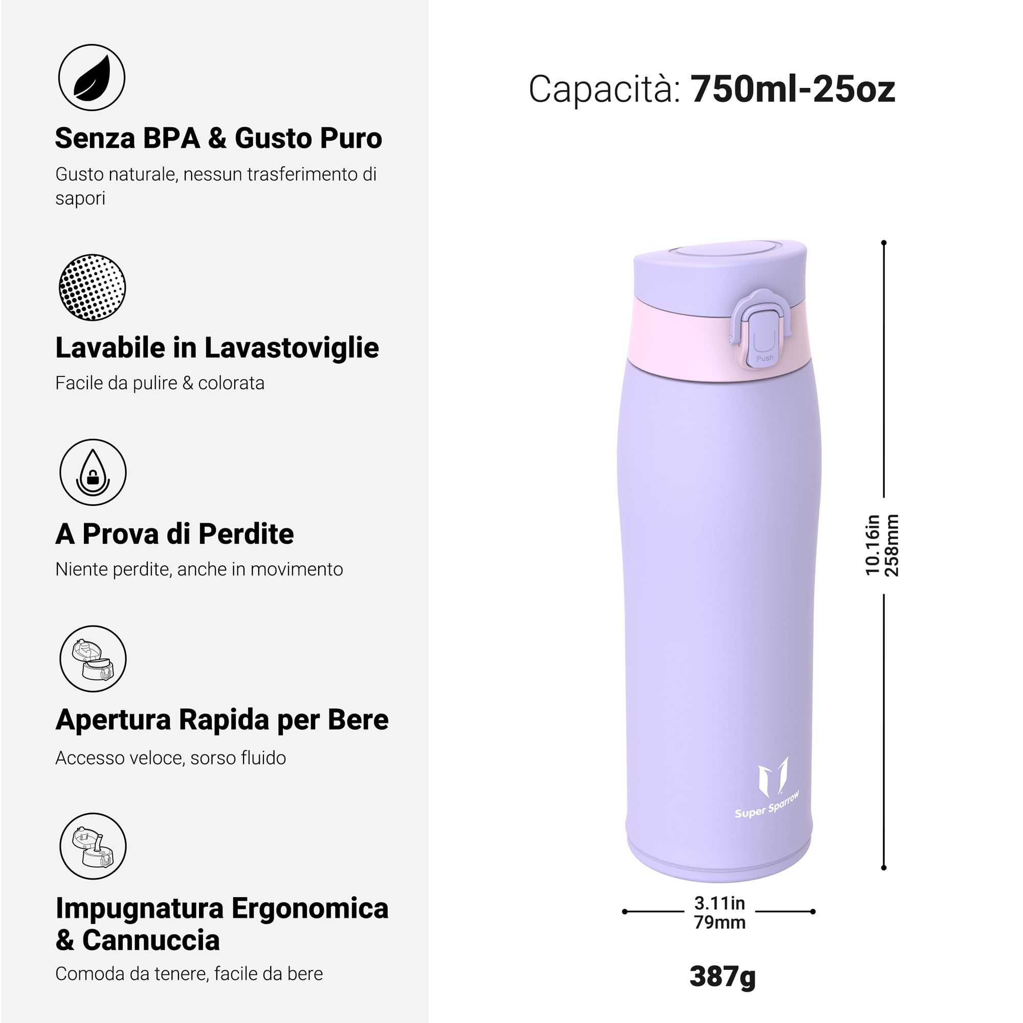 Super Sparrow Borraccia Termica, Acciaio Inox Bottiglia Termica - 350ml, 500ml, 750ml, 950ml - Senza BPA Termos, Borracce Termiche Bambini - Include 2 Coperchi con Cannuccia e Coperchio Sportivo