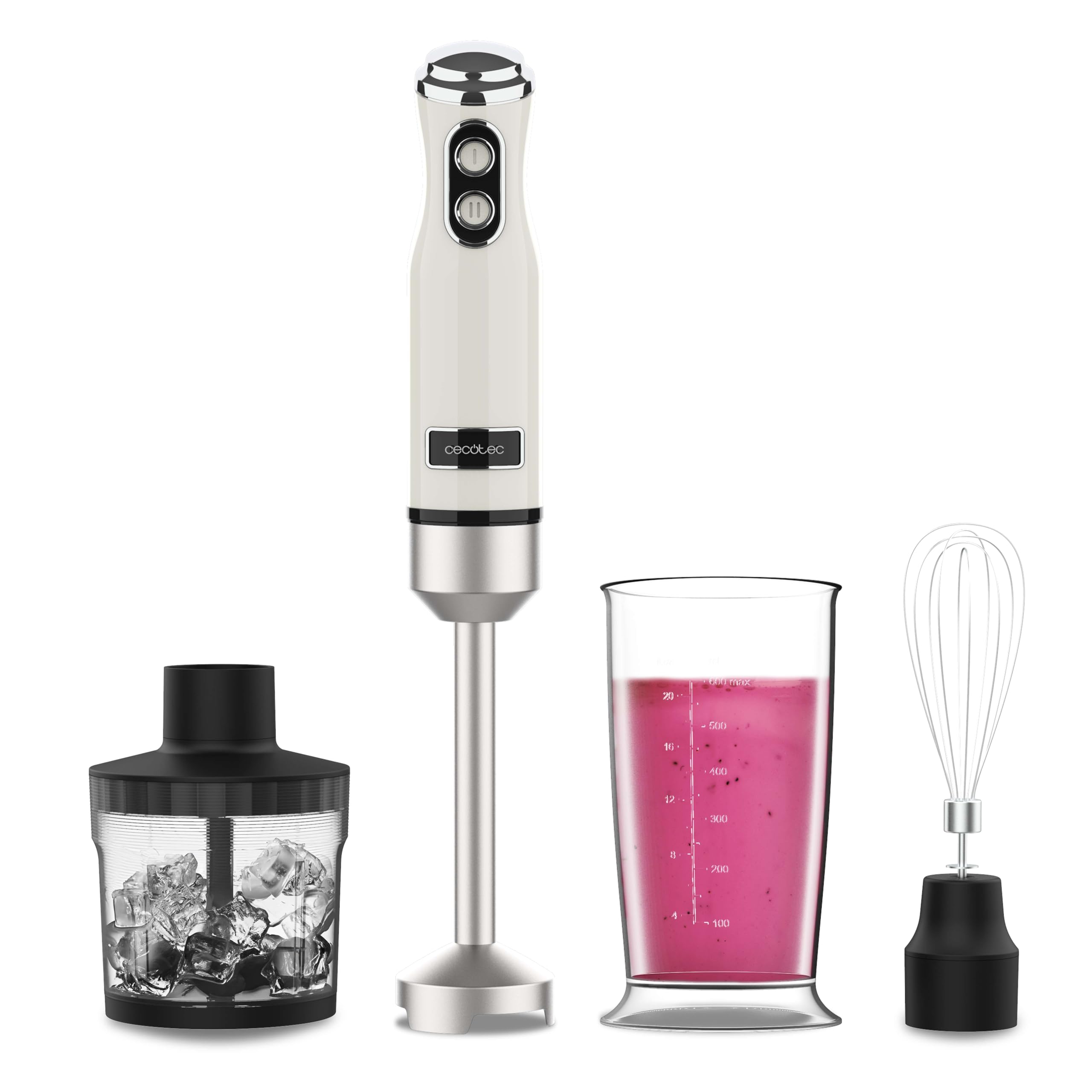 Cecotec Power RetroBeige 1200MAX Cream & Crush Hand Blender, Maximum Power 1200 W, CrossBlades Technology, 2 Speeds, Dishwasher Safe Accessories Set, Splash Guard Hood