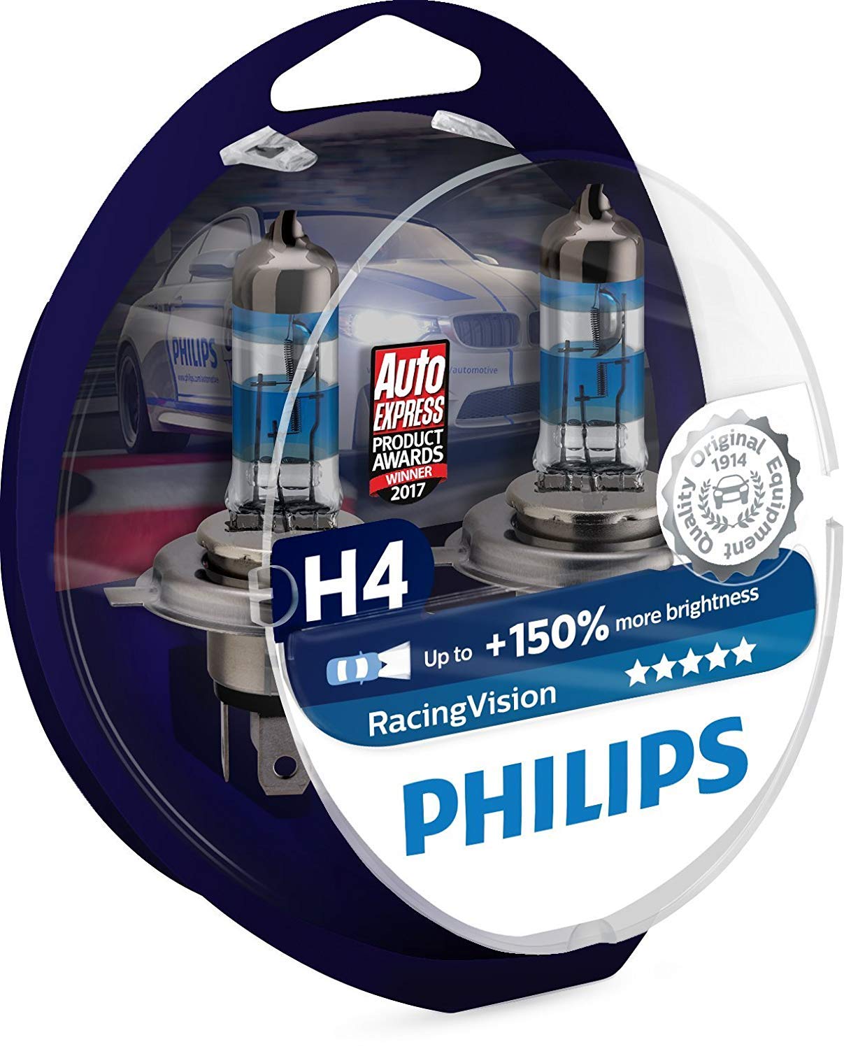 Philips RacingVision + 150% Ampoule Phare H4 12342RVS2, Bleu, Set de 2 + Amazon Basics Chargeur 2 ports USB de voiture pour appareils Apple et Android 4,8 Amp/24 W, Noir/rouge