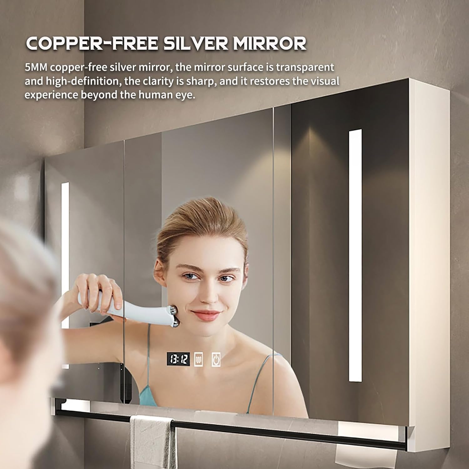 Bathroom Mirror Cabinet with Lighting Wall Mounted Storage Cupboard Unit 3 Revolving Doors Demisting Towel Rack White 90x75x12cm