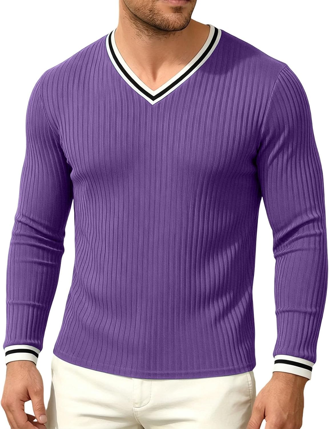 Men's V Neck Athletic Shirt Long Sleeve Ribbed Slim Fit Stretchy Tees Workout Training Casual Fall Layering Tops