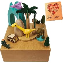 Briskfeel Wooden Jurassic Dinosaurs Music Box - Moving Car & Dinosaur, Mechanical Musical Box, Gift for Dinosaur Lovers and Music Box Enthusiasts, Unique Desk Decoration