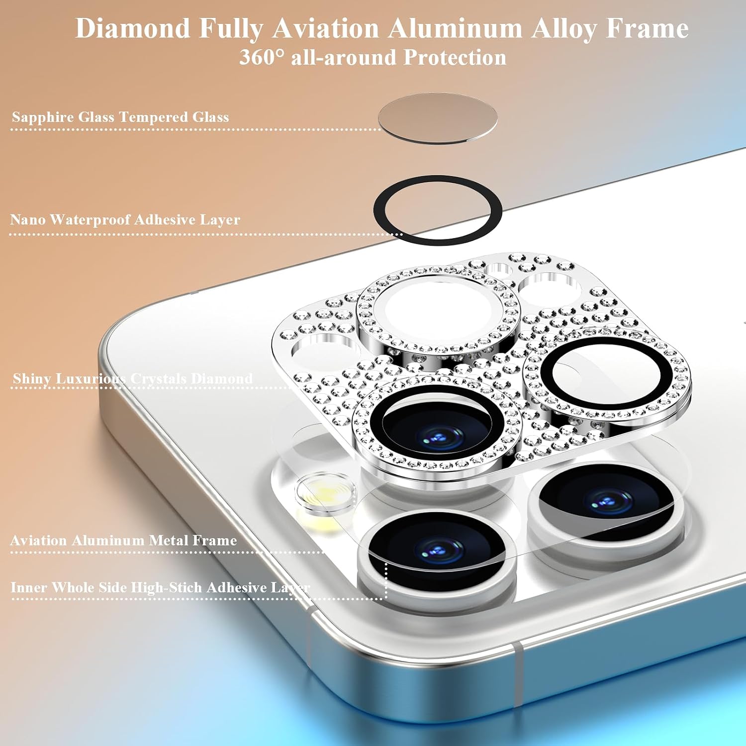 Bling Diamond Camera Lens Protector Cover Compatible for 15 Pro/15 Pro Max Full Coverage Camera Cover Screen Protector[Update] Shatter/Scratch-Resistant Ultra HD/Thin - Silver Diamond