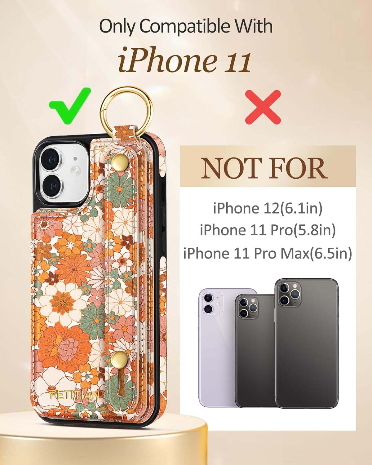 petitian for iphone 11 case with wallet - women girls cute girly aesthetic unique design leather credit card holder cardholder stand wristband for iphone 11, orange floral orange floral iphone 11