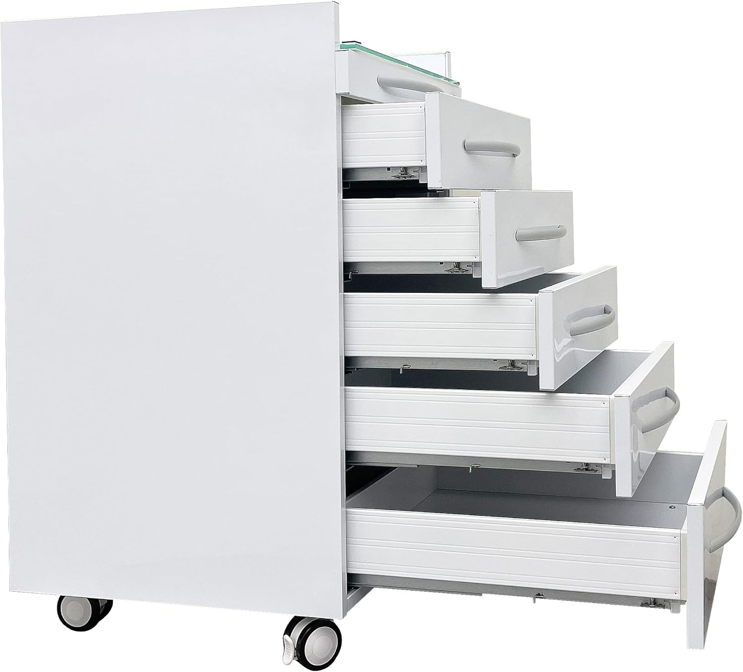 5 Drawers Mobile Office File Storage Cabinet, Stainless Steel Dental Medical Assistant Cabinet Utility Cart, Glass Countertop with Lock and Wheels and Storage Tray for Office Hospital, White