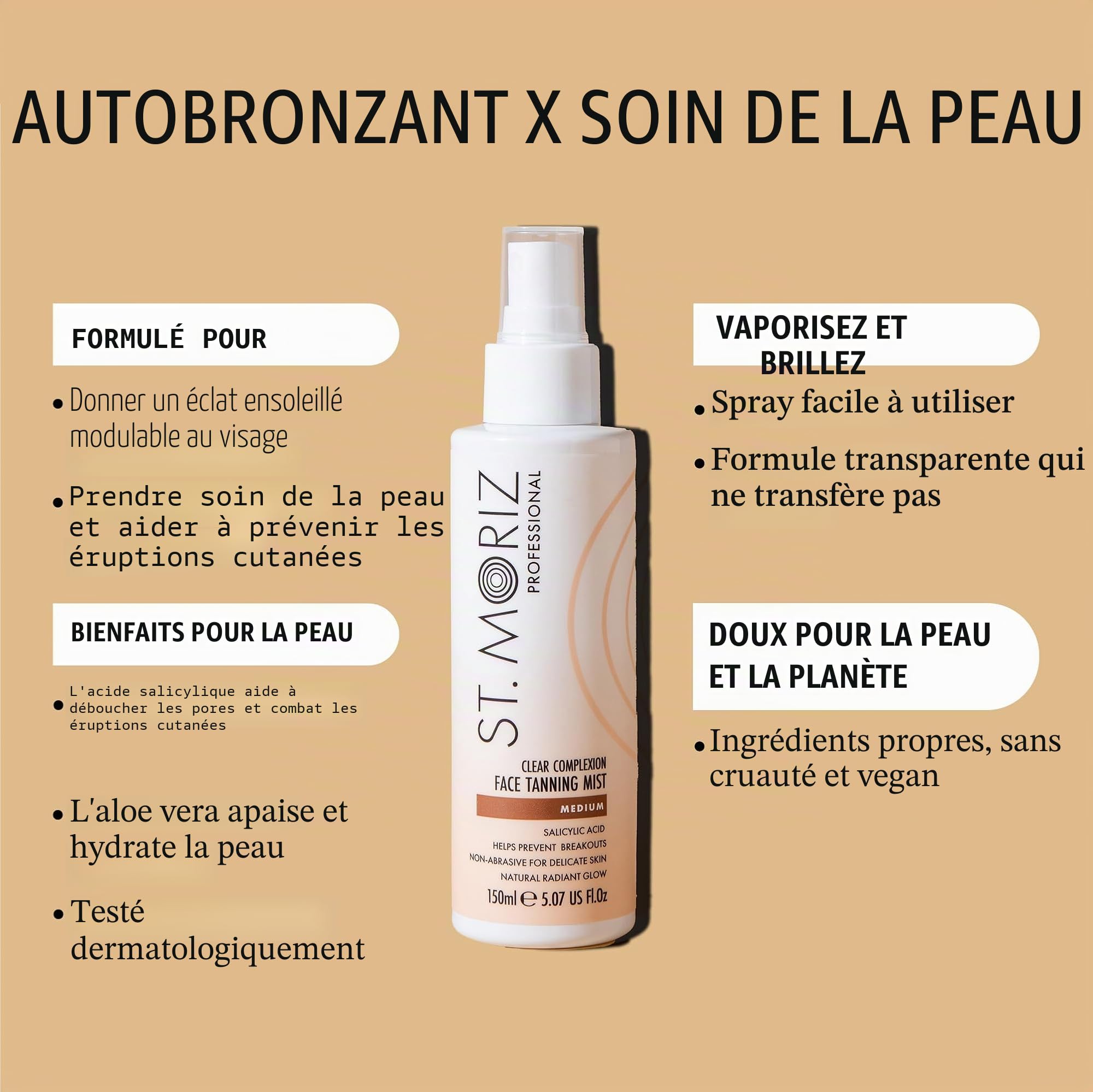 St Moriz Brume bronzante professionnelle pour le visage | Faux spray bronzant à séchage rapide | Avec acide salicylique pour aider à prévenir les éruptions cutanées | Doux pour la peau | Brillance