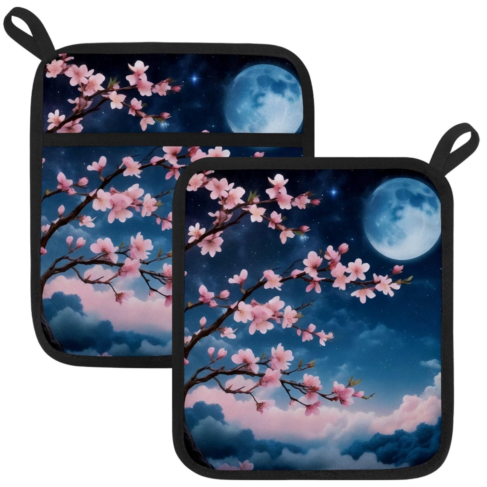 VAPOKF Cherry Blossom Moon Pot Holders with Pocket for Kitchen Heat Resistant Potholders Large Polyester-Cotton Square Oven Mitts Set