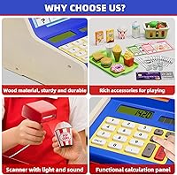 Vista 7 de Caja registradora de madera para niños, supermercado de juego de simulación recargable y restaurante de comida rápida, caja registradora con dinero
