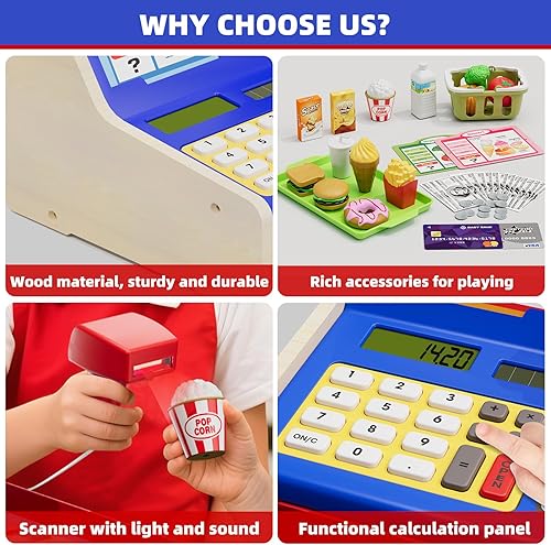 Miniatura 6 de Caja registradora de madera para niños, supermercado de juegos de simulación recargable y restaurante de comida rápida, caja registradora para niños