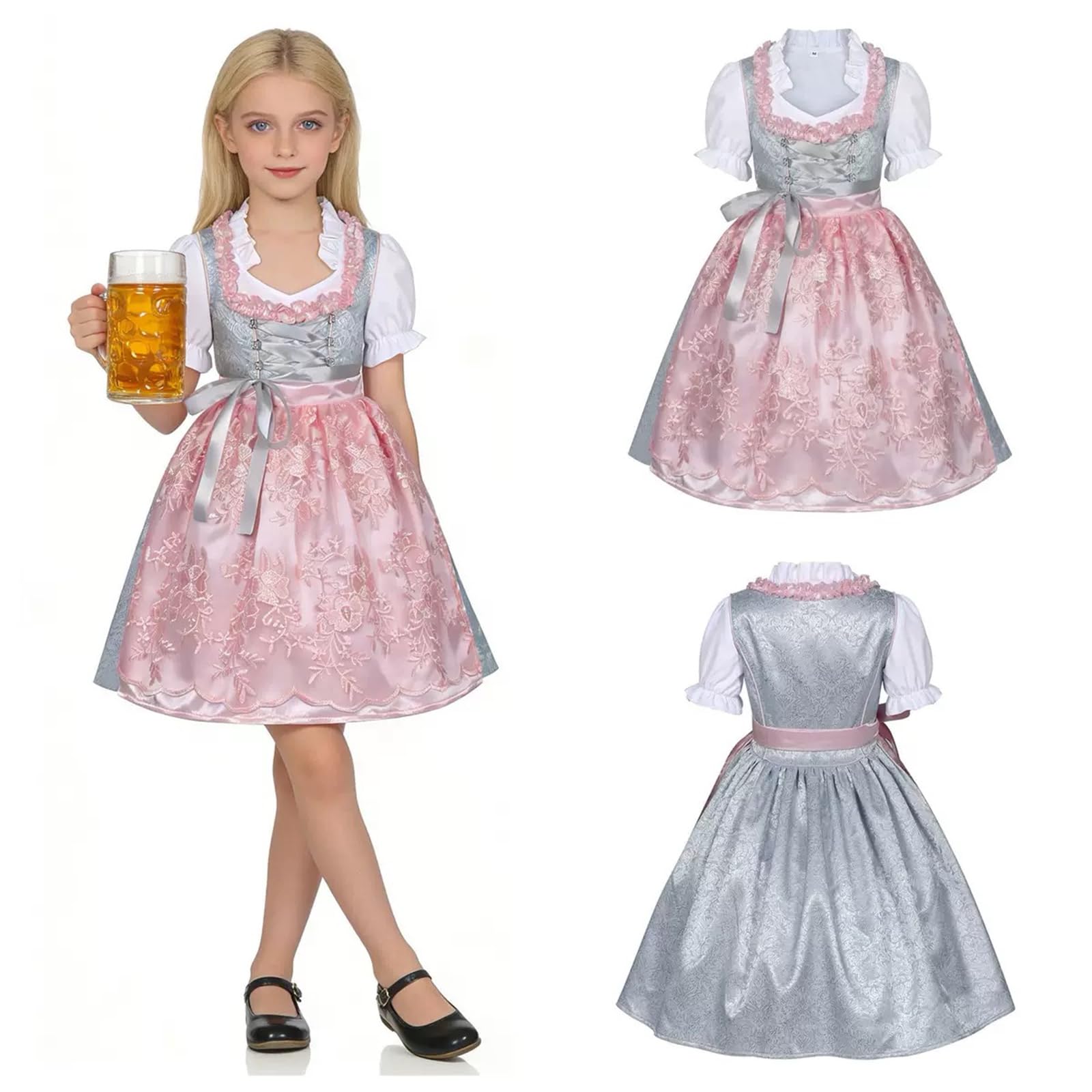 Dirndl Mädchen Outfit Midi Trachtenkleid 3TLG inkl.Kinderdirndl Dirndlbluse