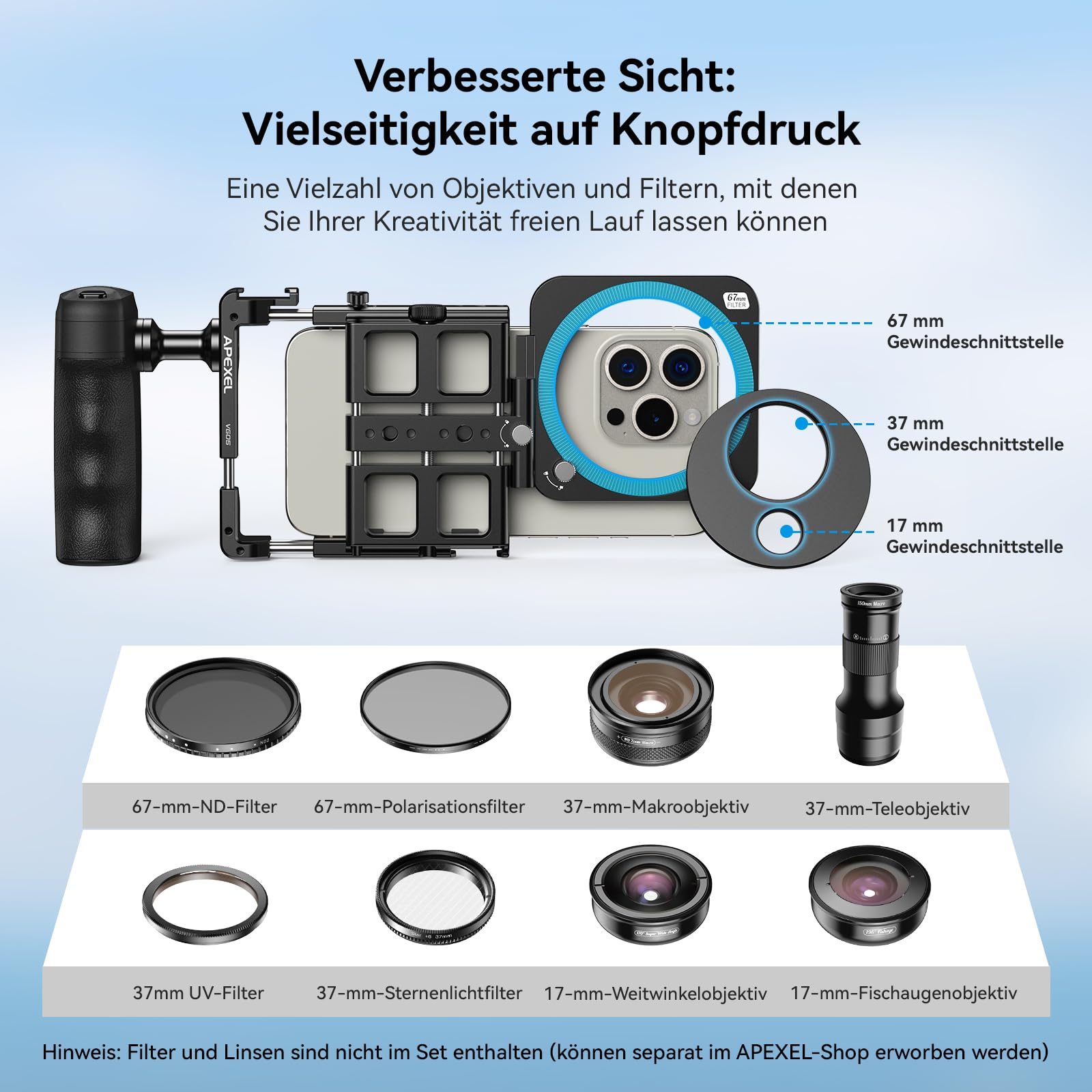 APEXEL iPhone Rig Kit, Smartphone Video Rig mit magnetischem Bluetooth, 2500 mAh-Griff-Ladehülle, 67/37/17 mm Filteradapter, Geeignet für iPhone 16/15/14, und andere Mobiltelefone