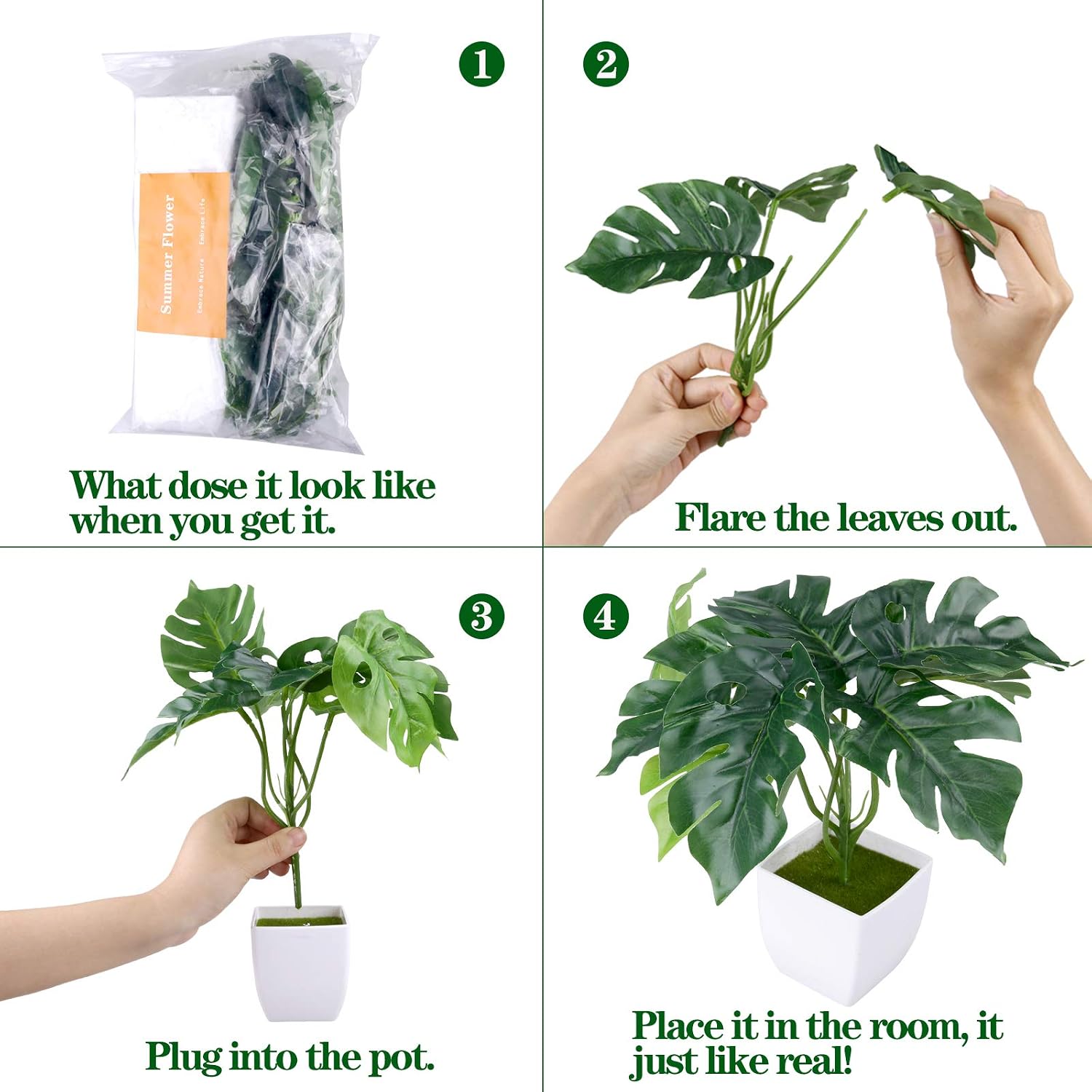 Summer Flower 4 Packs Artificial Mini Greenery Potted Plants Indoor,Fake Palm Monstera Leaf, Peacock Leaves in Small Plastic Pot for Shelf ,Office Desk,Bedroom Farmhouse Bathroom Home Decorations