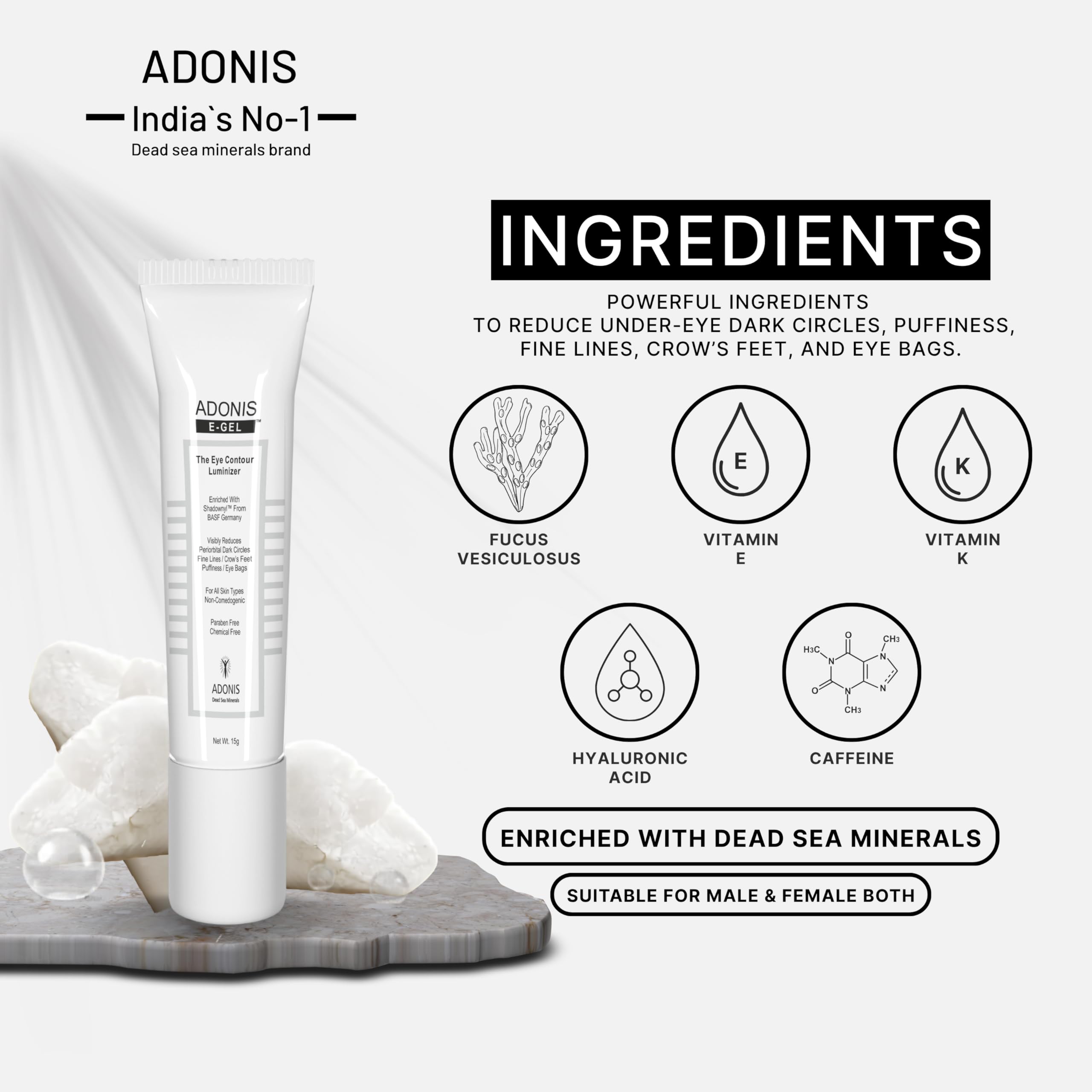 ADONIS E GEL Under Eye Gel, Eye Gel | for Healthy Eyes Dark Circles Puffy Eyes, Wrinkles & Removal of Fine Lines Women & Men use 15 gm — Amazon image 3