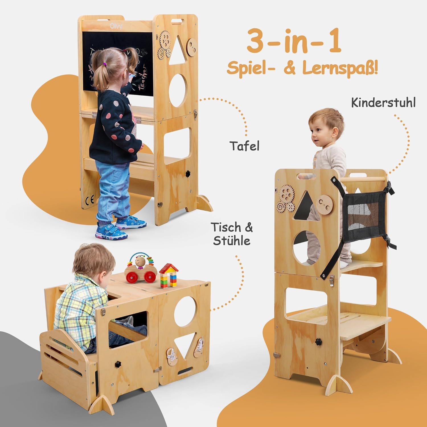 Olvy Kids 3-in-1 Montessori Lernturm - Klappbarer Learning Tower - Trittleiter Holz - Kindertritt 3 Stufen - Küchenturm Kinder - Steh Lernturm ab 1 Jahr - Kindertreppe Faltbar