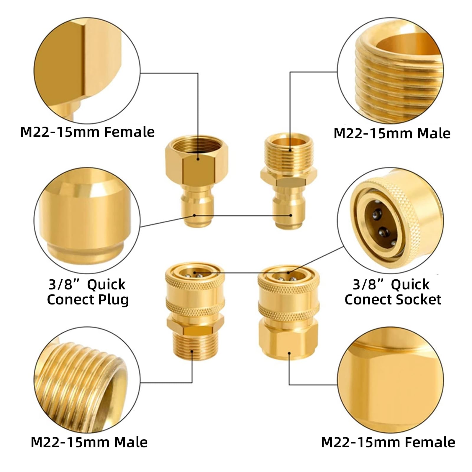 Set di 4 raccordi girevoli a sgancio rapido M22-15 mm a 3/8", set di adattatori per idropulitrice a innesto rapido 3/8, accessori per tubi flessibili per idropulitrice con 2 anelli di tenuta