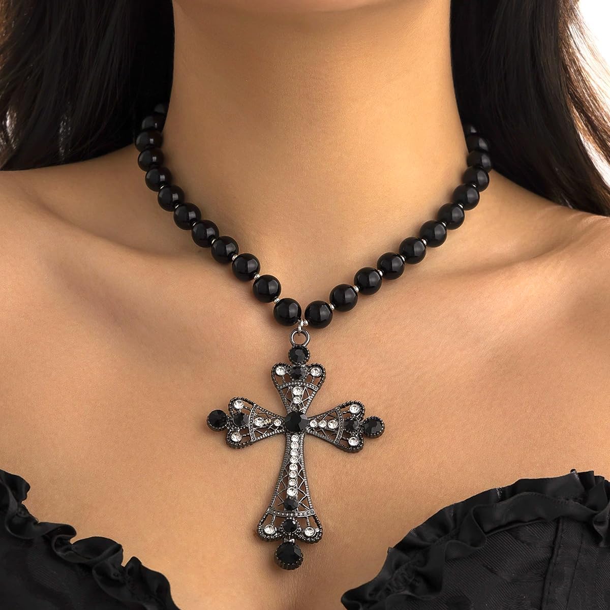 Gothic Cross Necklace for Women Exaggerate Big Pearl Beaded Cross Statement Necklaces Sparkling Crystal Choker Punk Chunky Statement Jewelry - Image 5