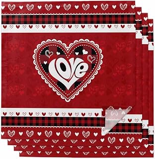 Valentine's Day Cloth Napkins Set of 4, 20x20 Inch, Love Heart Black Red Buffalo Plaid Dinner Napkins Reusable Washable Table Towel for Valentines Party Restaurant Banquet