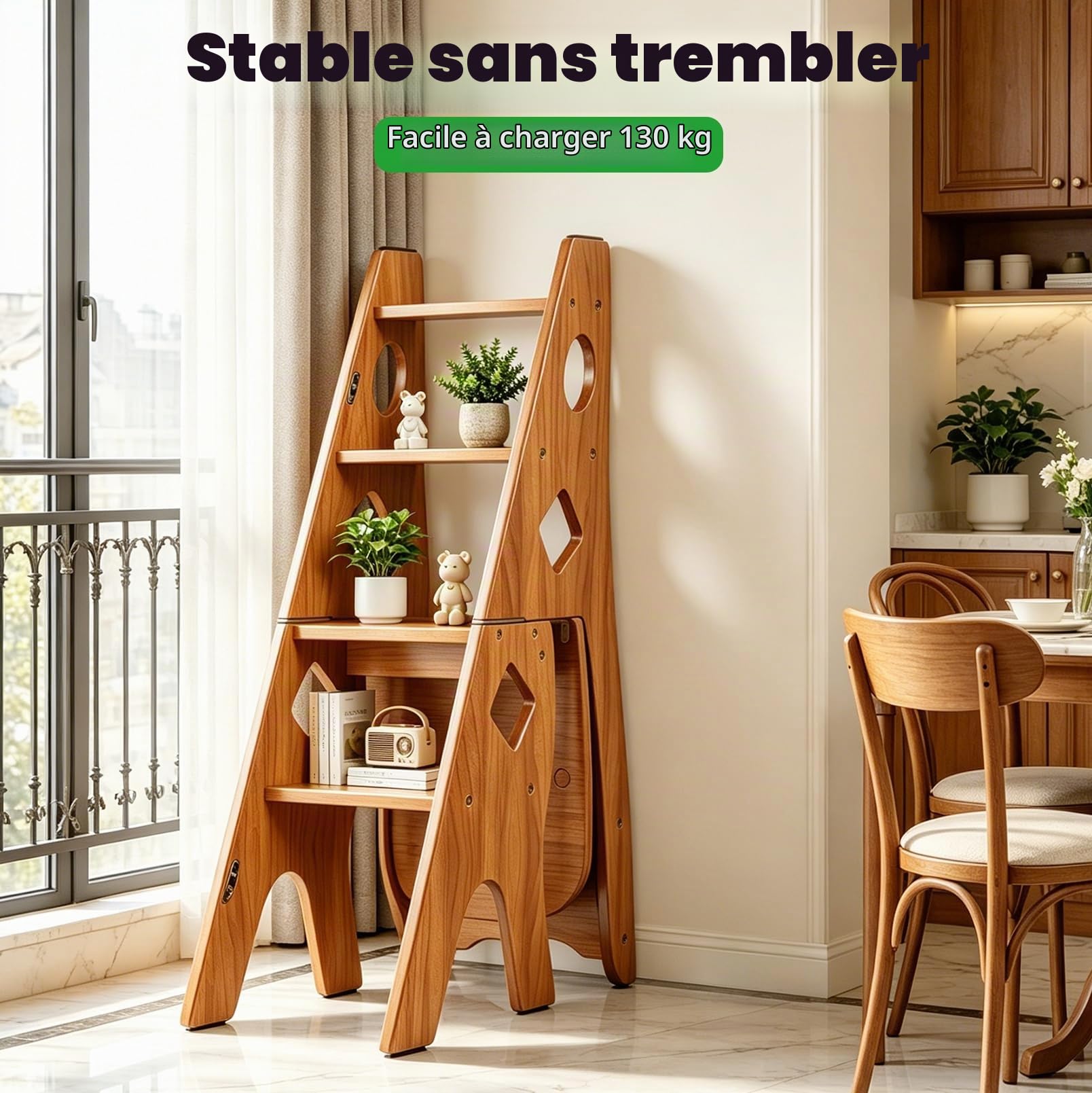 4 Marches Escabeau, 2-en-1 Marchepied et Chaise, Marchepied Domestique | Chaise de Bibliothèque Pliante en Bois Massif (Charge Maximale 180 kg), Escabeau pour Cuisine, Maison et Bibliothèque