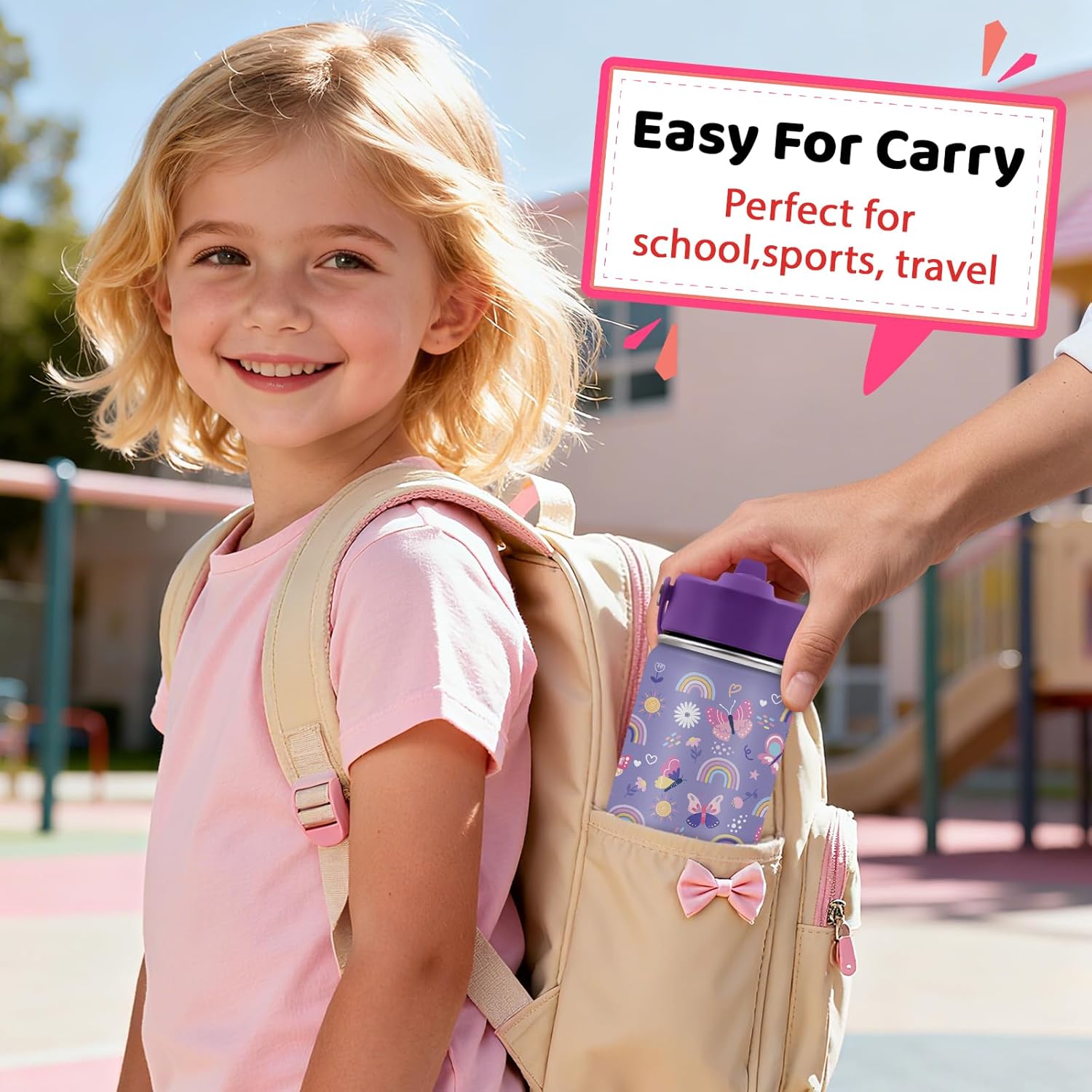 Butterfly Gifts - 18oz Purple Kids Water Bottle with Straw Lid, Stainless Steel Insulated Bottle, Leakproof, BPA-Free, for Girls, School, Travel - Butterfly Rainbow Themed Birthday Gift Cup (1pc) - Image 5