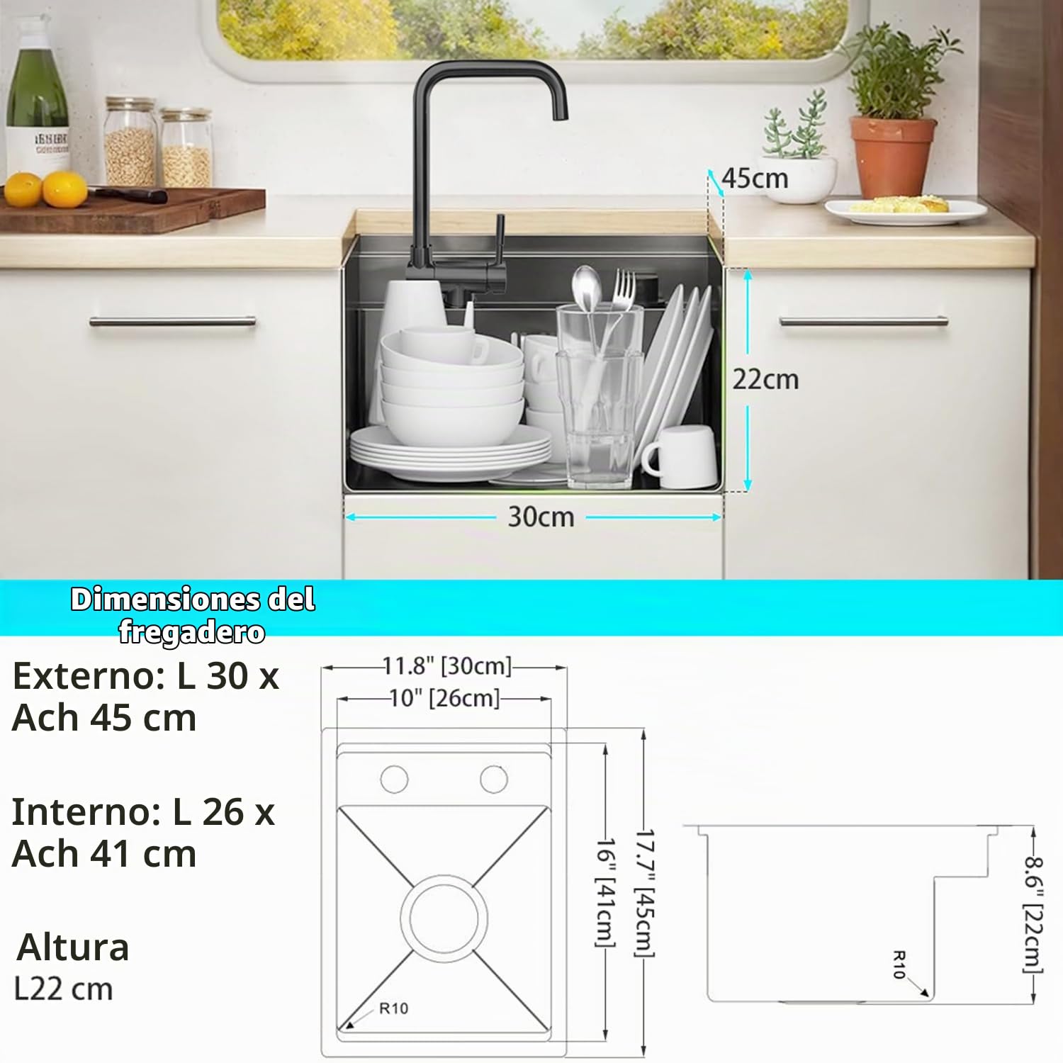 negro oculto fregadero cocina 1 seno, 30x45 cm, fregadero de acero inoxidable tipo undermount para bar/fregadero camper para camping y espacios pequeños