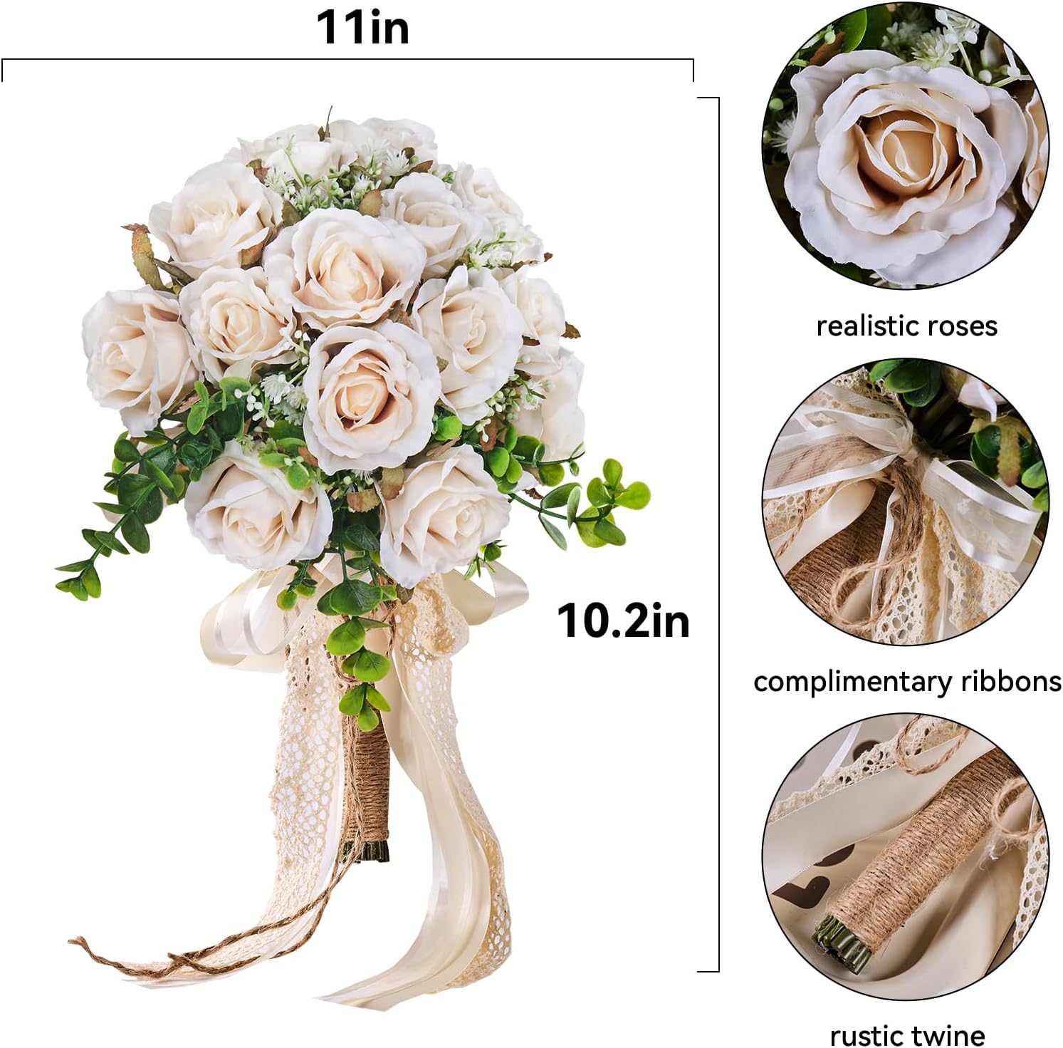 Wedding Bouquets Large for Bride, Wedding Silk Artificial Flowers 14pcs White Champagne Roses 10 in Fake Flowers for Wedding Party, Ceremony, Anniversary & Home Decor(Come with 4 kinds of Ribbons) - Image 5