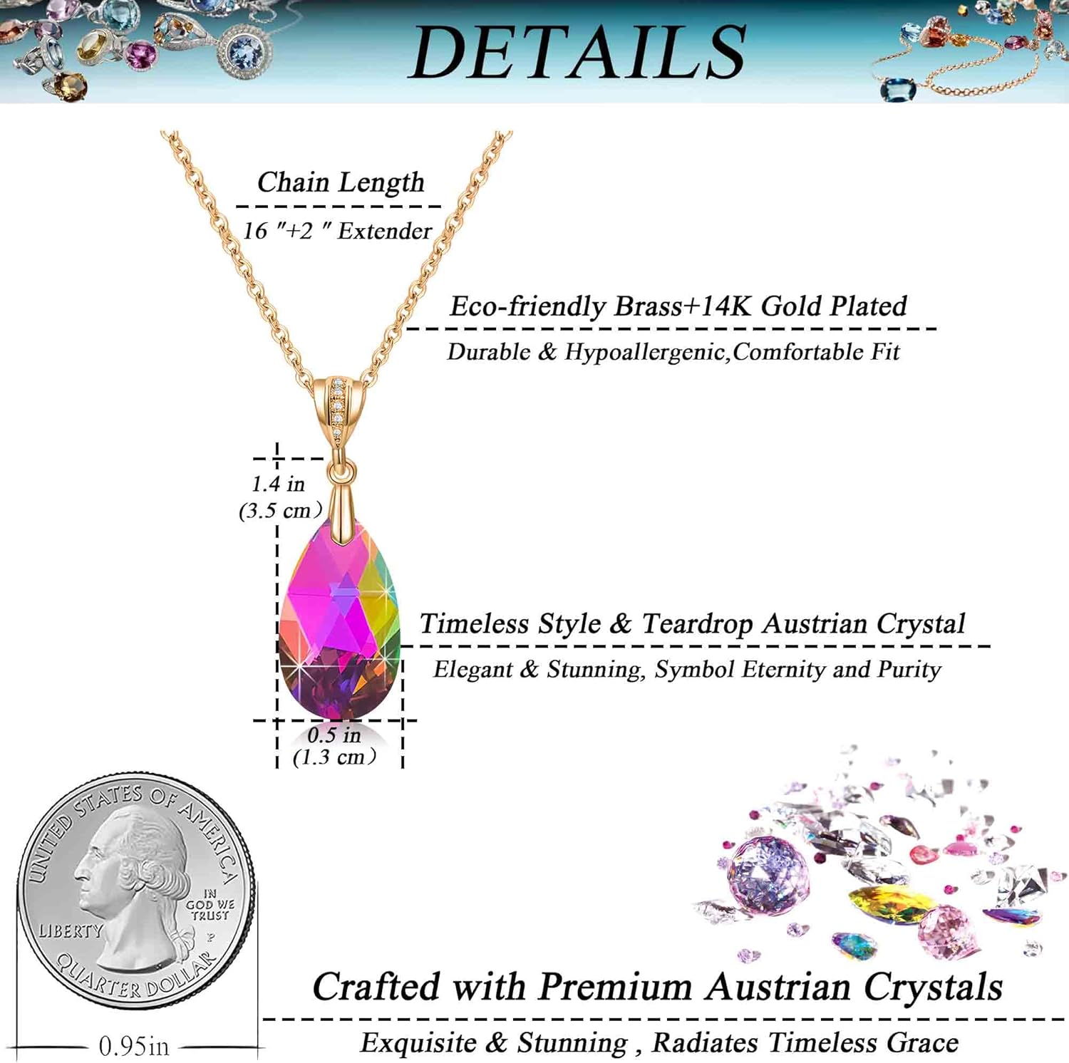 Austrian Crystals Teardrop Pendant Necklace for Women 14K Gold Plated Eco-friendly Brass Hypoallergenic Jewelry - Image 4