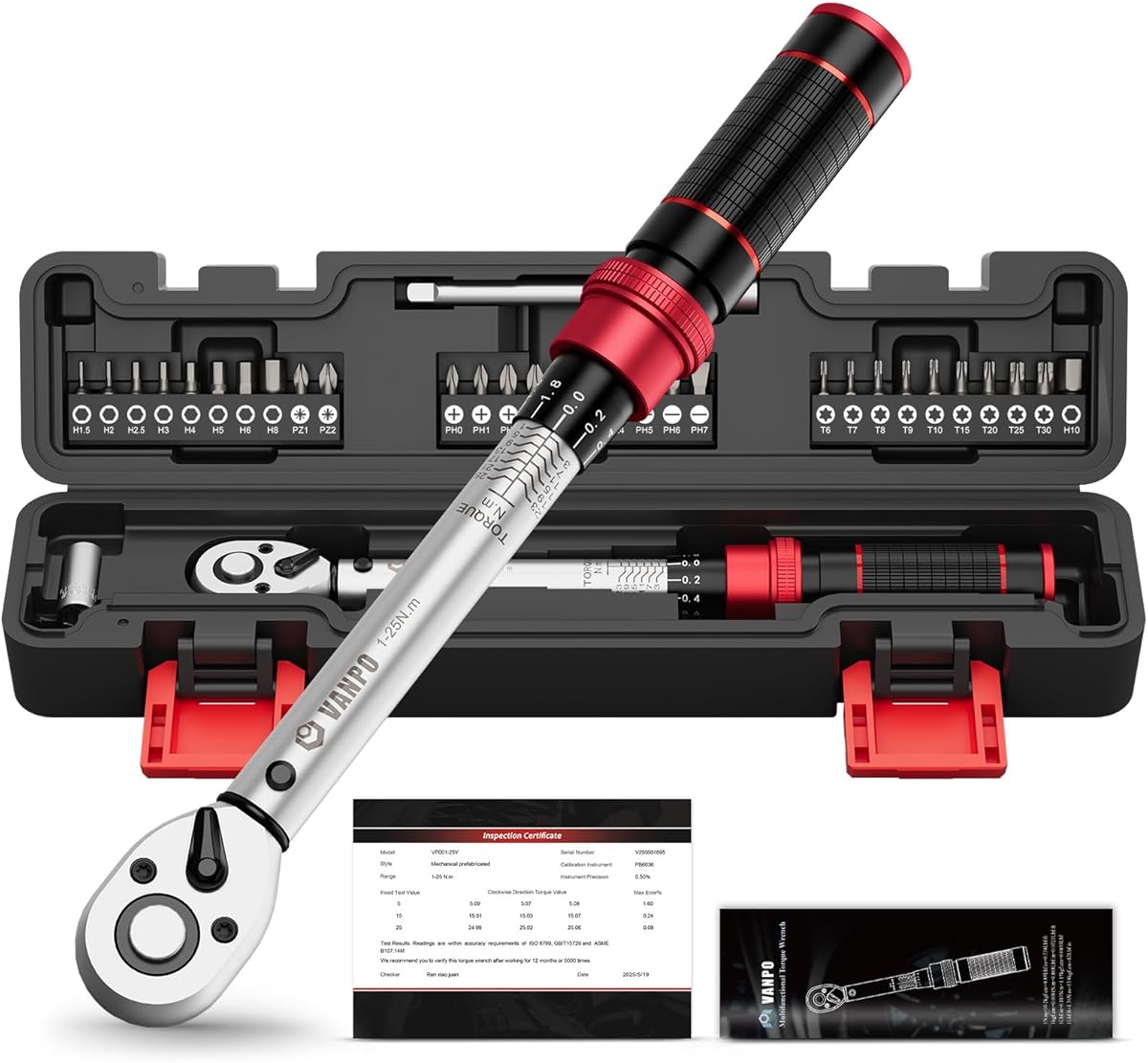 VANPO Llave Dinamométrica 1/4'', 1-25NM, Precisión ±3%, 32 Piezas Pequeña Llave Dinamométrica Set xtensión, Adaptador, Torx, Phillips, Ranurado, Hexagonal, Pozidriv Bits para Bicicleta, Moto