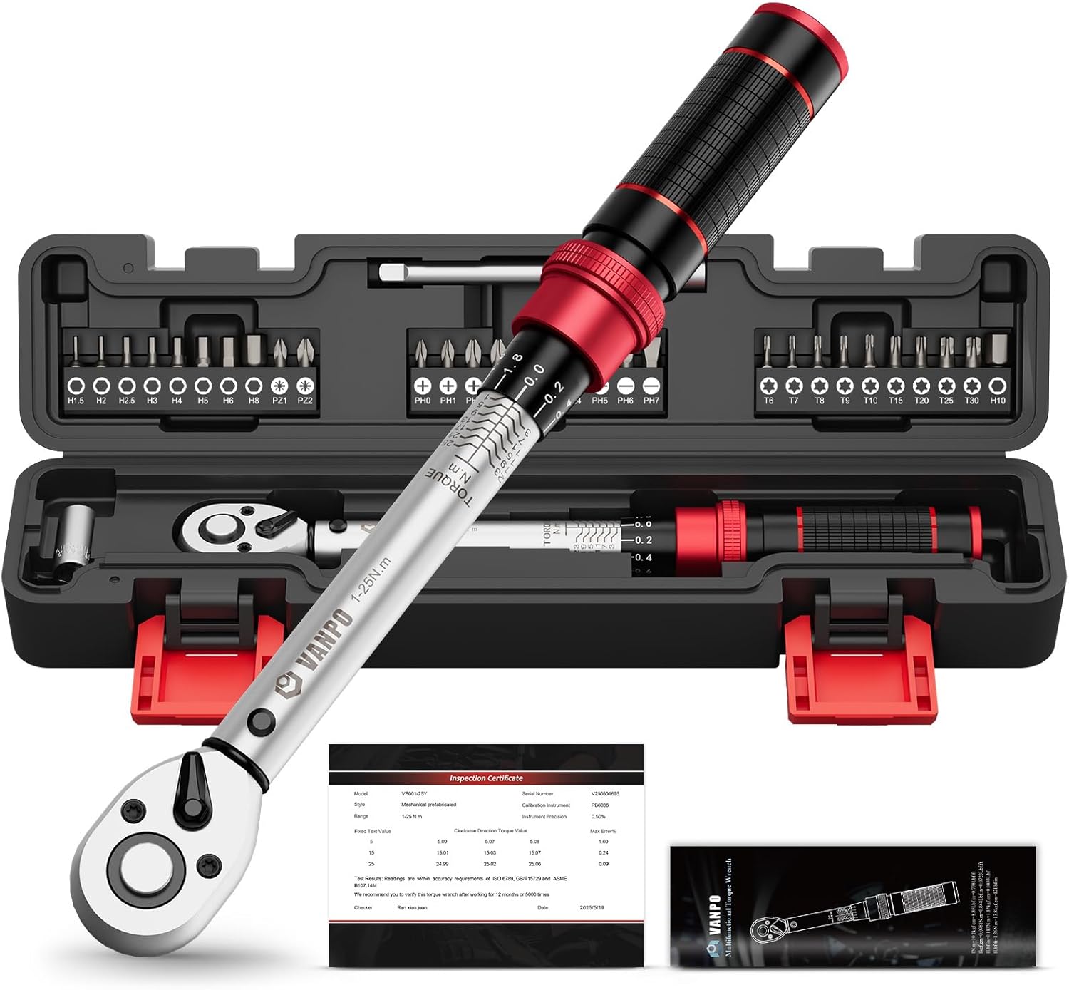 VANPO Llave Dinamométrica 1/4'', 1-25NM, Precisión ±3%, 32 Piezas Pequeña Llave Dinamométrica Set xtensión, Adaptador, Torx, Phillips, Ranurado, Hexagonal, Pozidriv Bits para Bicicleta, Moto - Amazon product rated Grade A
