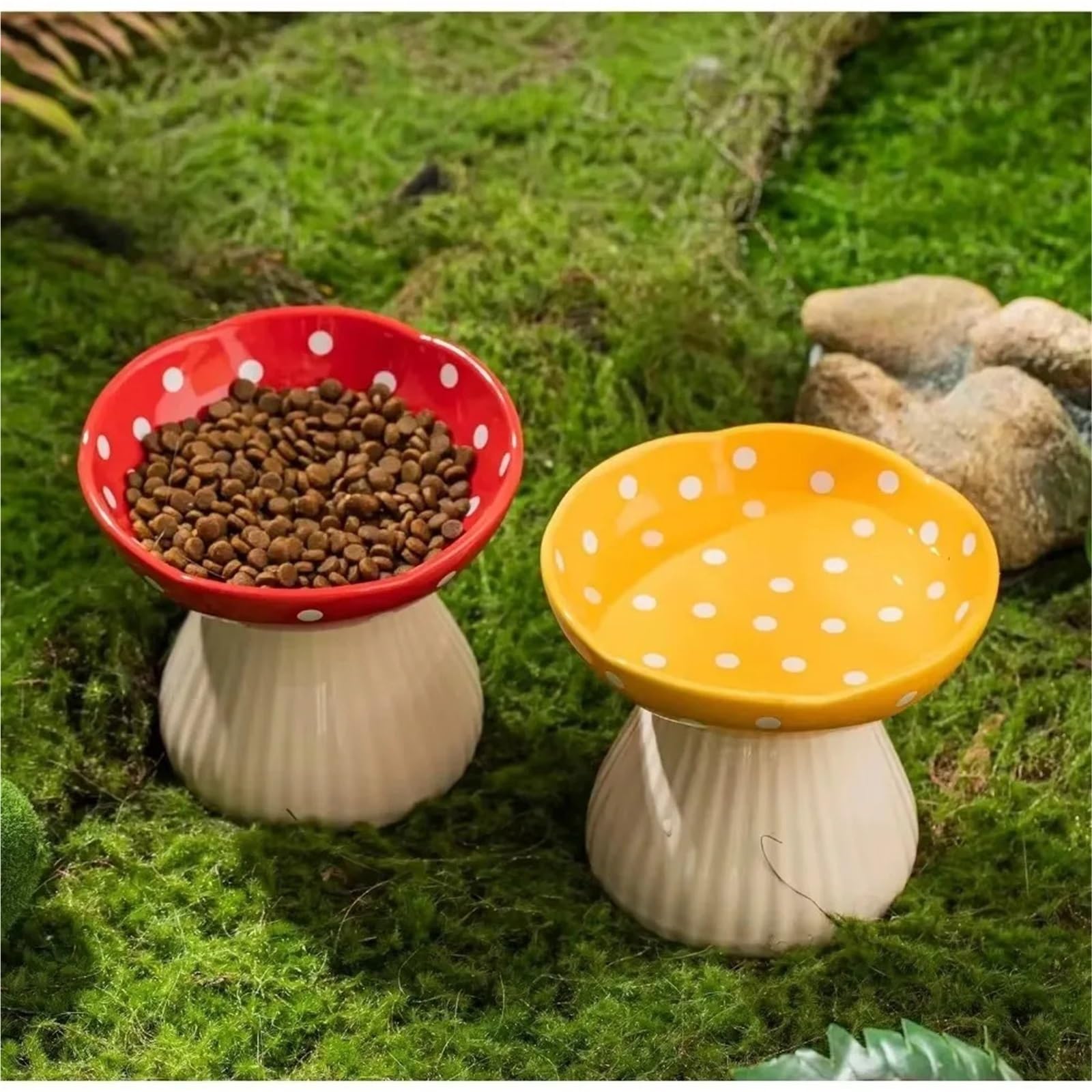 Gamelle surélevée en céramique en forme de champignon pour chat et chien (jaune)
