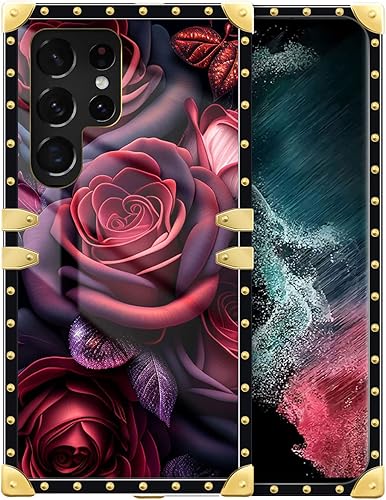 DAIZAG Funda compatible con Samsung Galaxy S22 Ultra, funda protectora de TPU suave dorada a prueba de golpes para regalo, rosas rojas brillantes