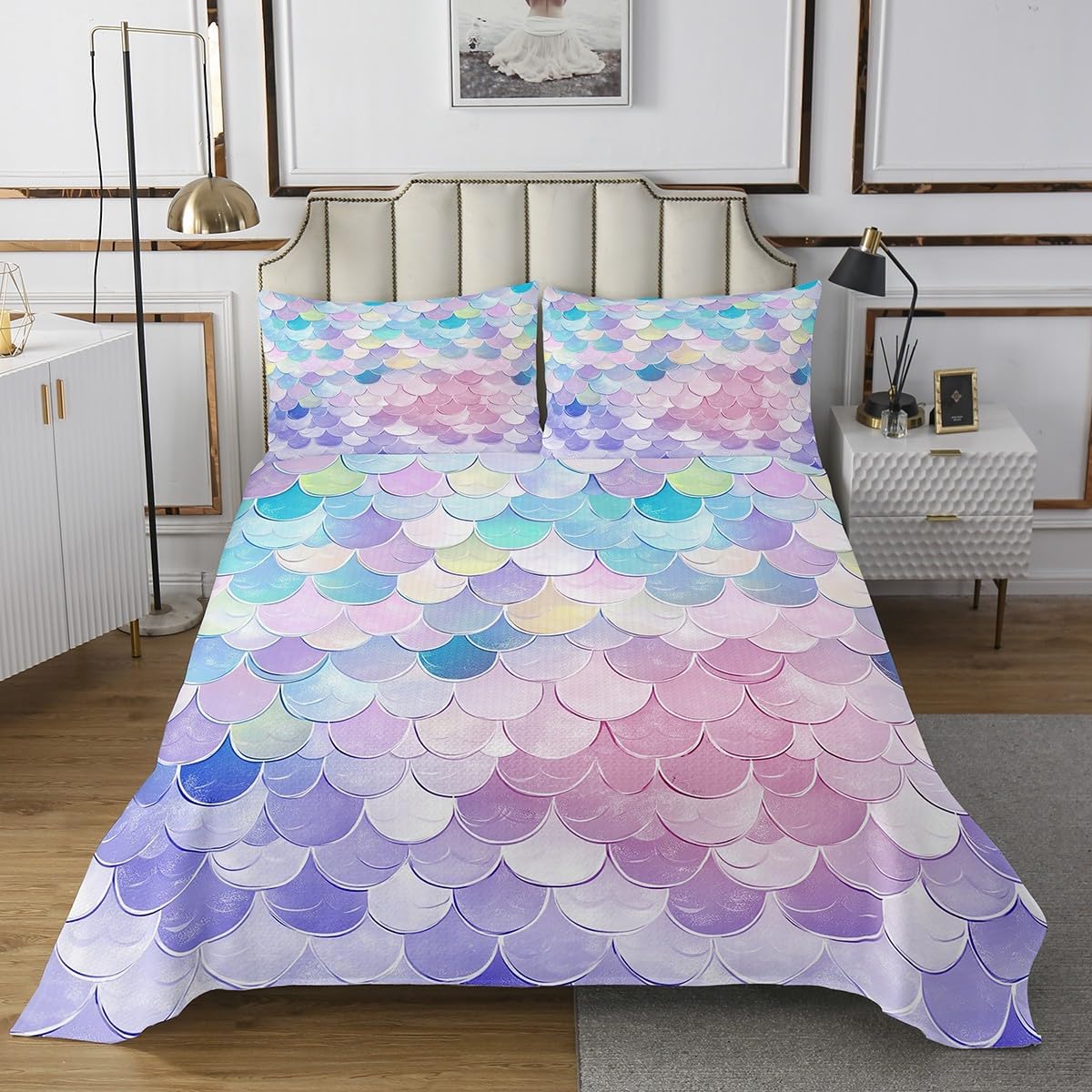 Erosebridal Pink Mermaid Scales Bedspread Set, Fish Dragon Scales Microfiber Queen Quilt Set for Kids Boys Girls, Girls Fish Squama Coverlet Set & Bedspread for Bedroom, Marine Life Bedding Set