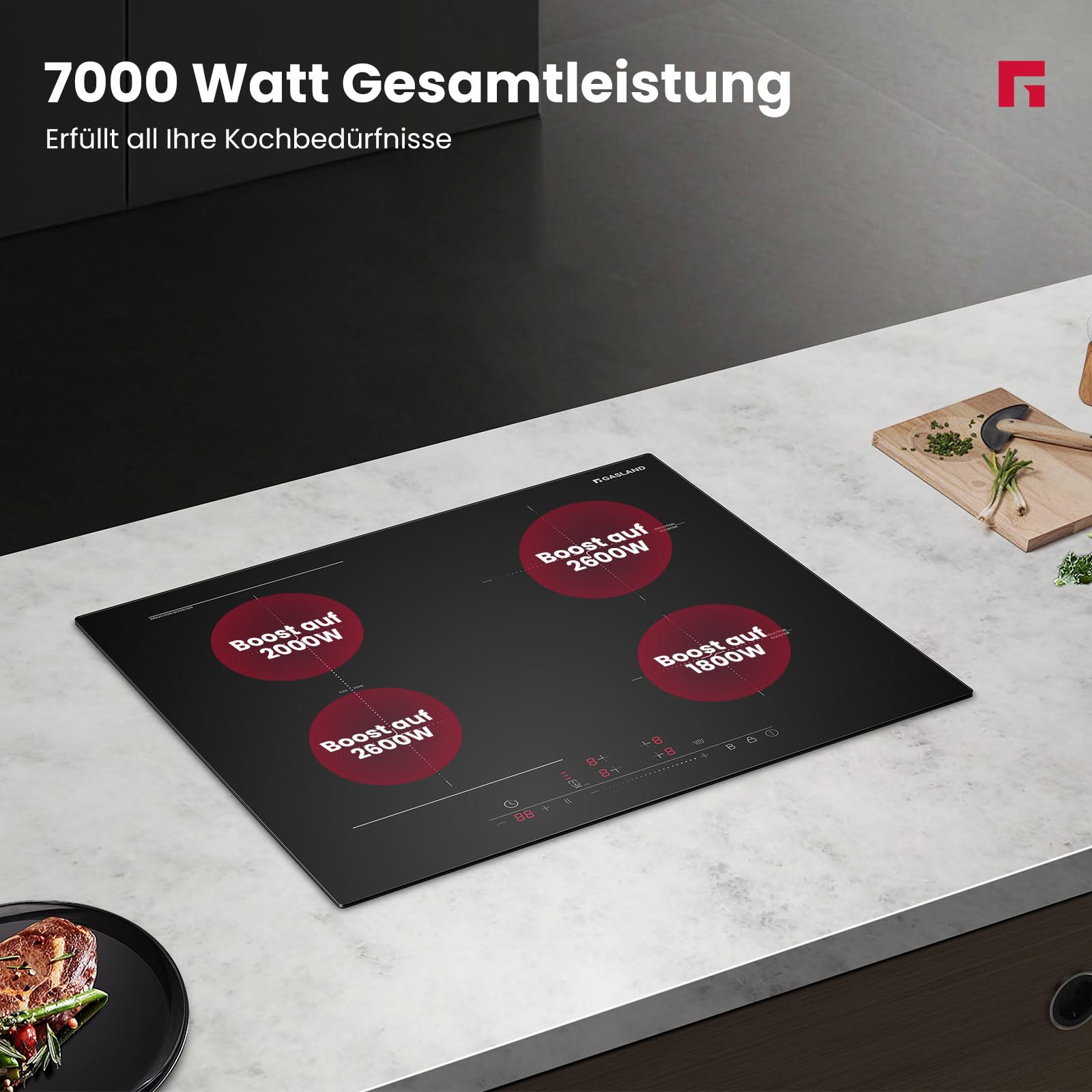 GASLAND IH604BF 60 cm Autarkes Induktionskochfeld mit ein Flexzonen, 4 Zonen Einbau Induktionskochfelder, FlexInduction für BBQ, PowerBoost schnelleres Kochen, 7000W (Ohne Bratpfanne)