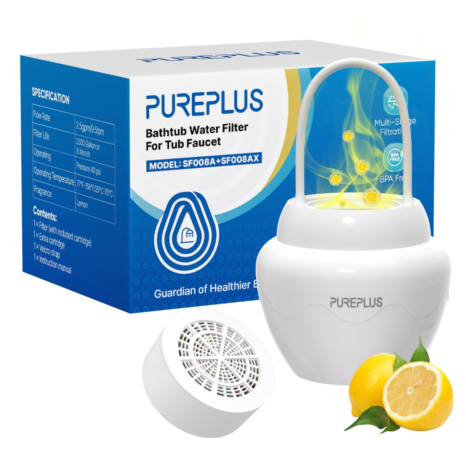 Bathtub Bath Water Filter for Tub,Lemon Scent,11 Stages Kinder Bath Filter,2500 Gallons KDF Filtration,Reduces Chlorine & Heavy Metals,Removes Contaminants for Softer Skin and Hair,1 Ball+1 Filter