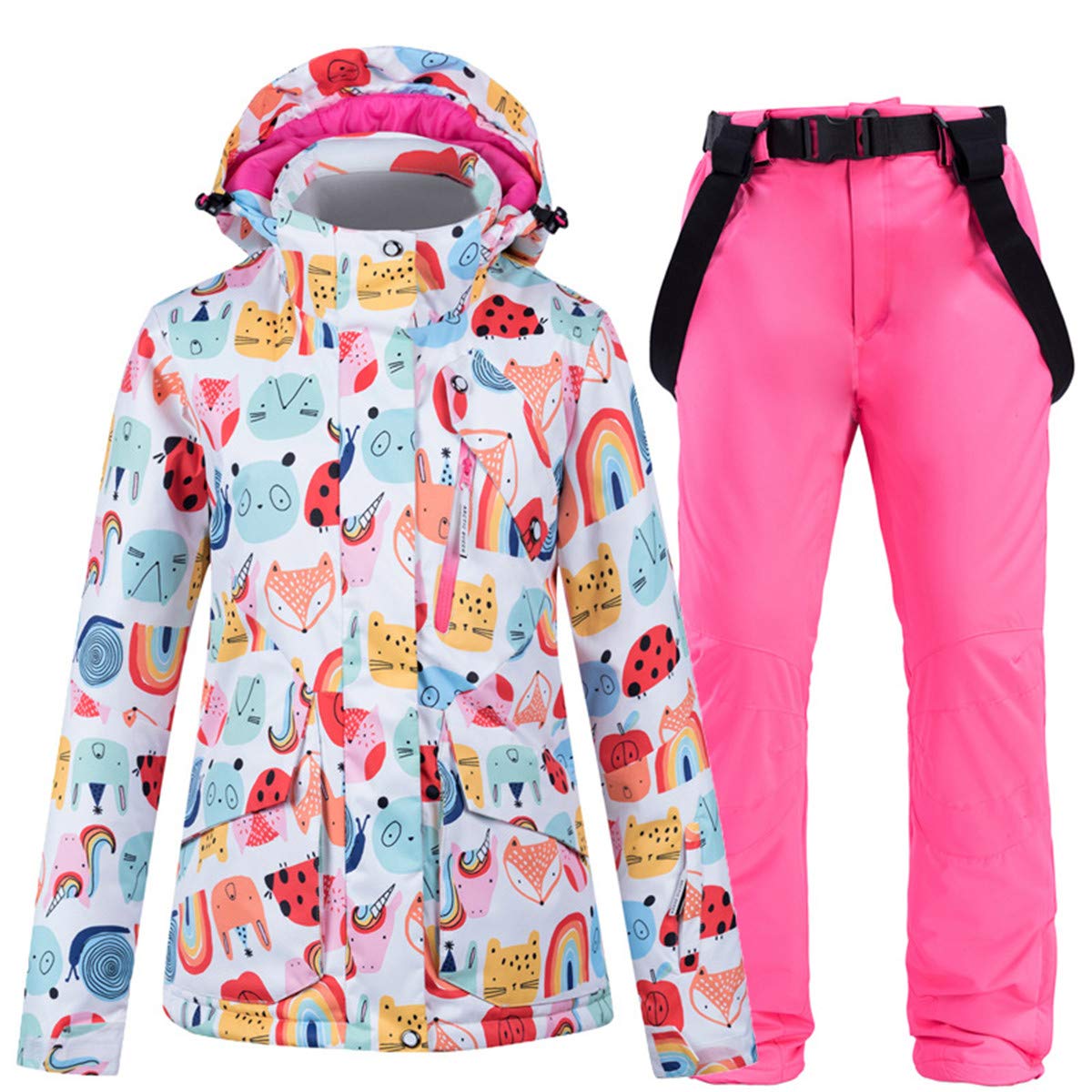 Women's Cartoon Sweety Ski Jacket Outdoor Mountain Windproof Waterproof Snow Snowboard Coat with Ski Bib Pants Set Outfits XL