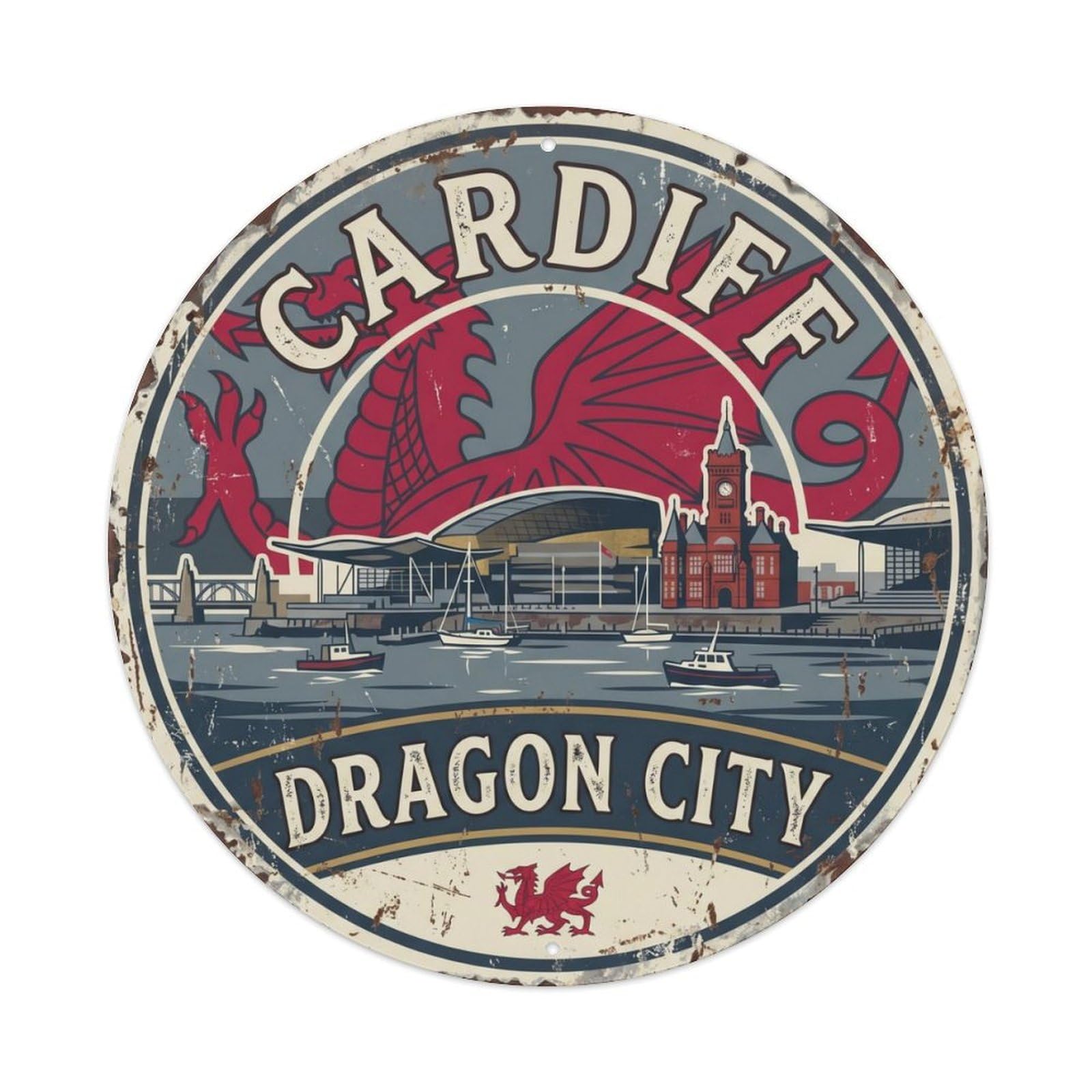 Vintage Travel Cardiff Bay Waterfront Metal Tin Sign Plaque Wall Decor for Cafe, Club Bar, Office, Home Garden Round Metal Poster 8x8Inch