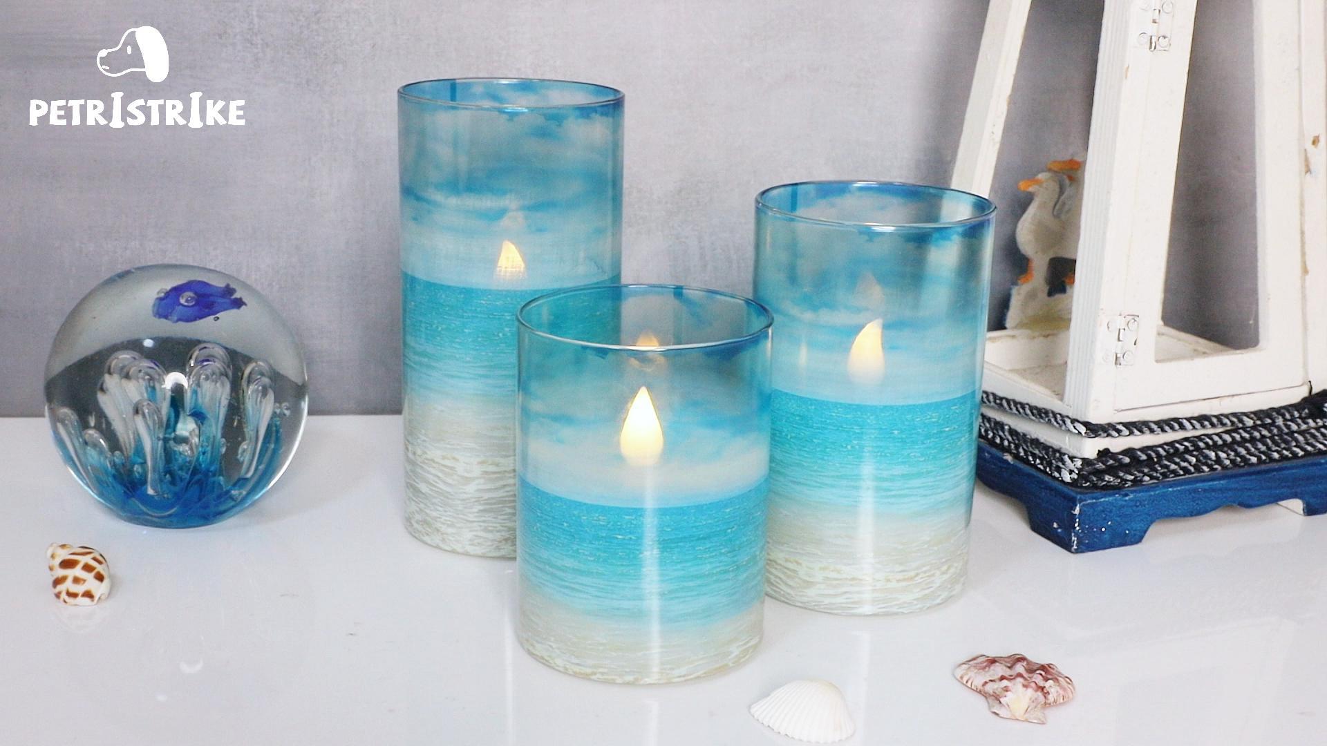 Image of Blue Flickering Flameless Candles with Remote - Glass Battery Operated LED Pillar Candles for Beach /Coastal Theme Wedding Decorations (Set of 3)