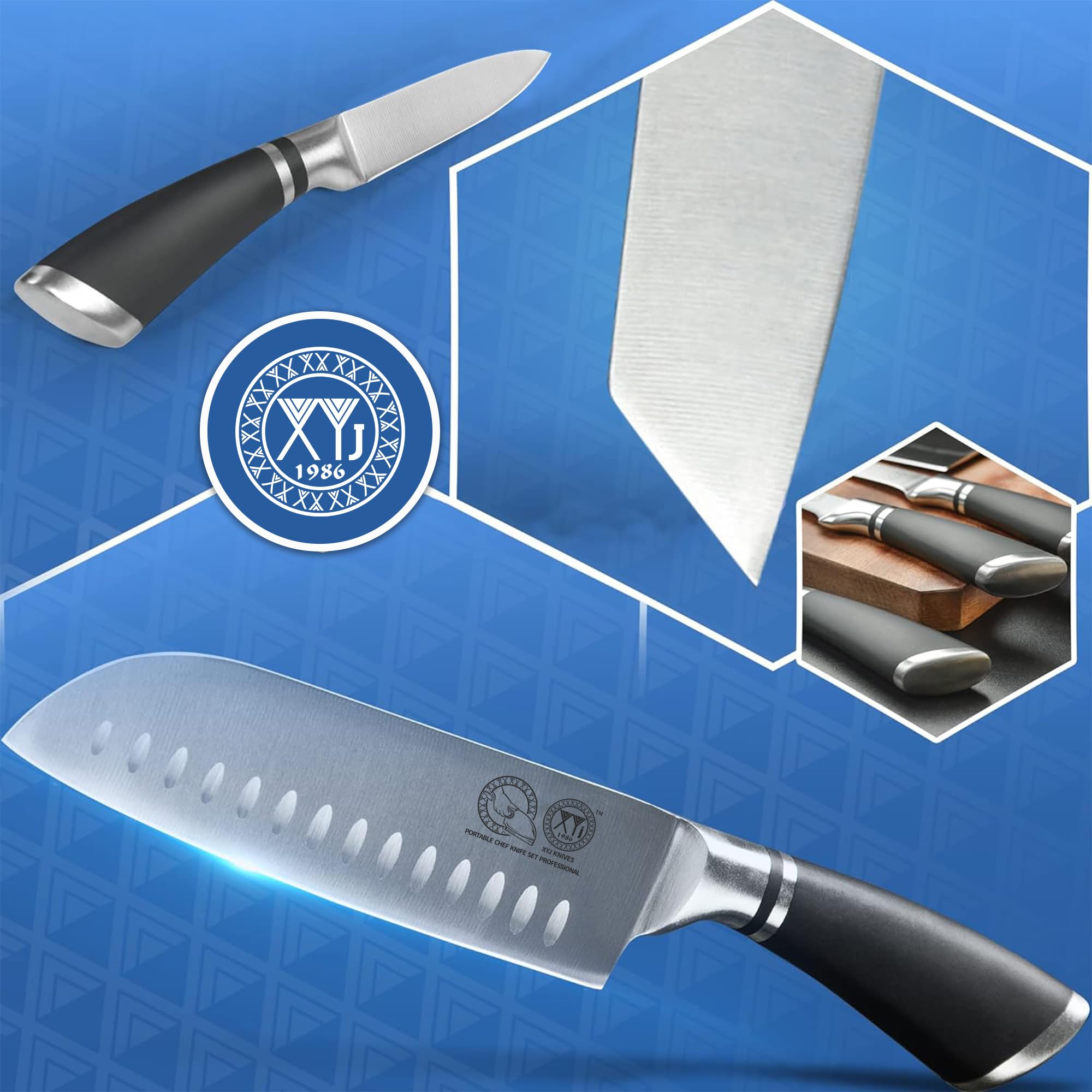 XYJ Authentic Since 1986, Set di coltelli professionali per i maestri chef, con sacchetto, fodero, coltelli da carne da cucina culinari, Santoku, Utility, acciaio inossidabile