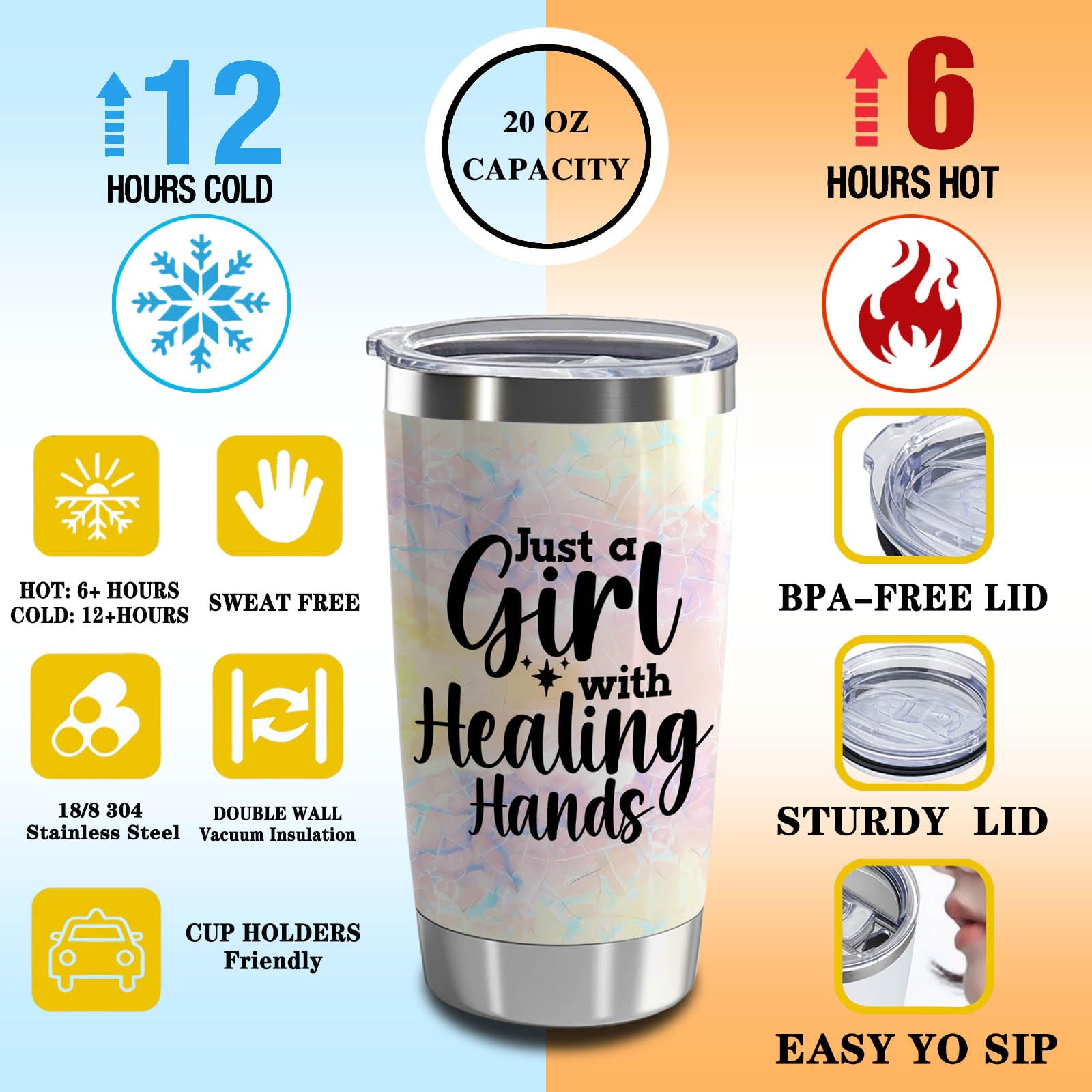 Massage Therapist Gifts Massage Therapist Definition 20oz Stainless Steel Insulated Tumbler with Lid and Straw Just a Girl with Healing Hands (Girl with Healing Hands)